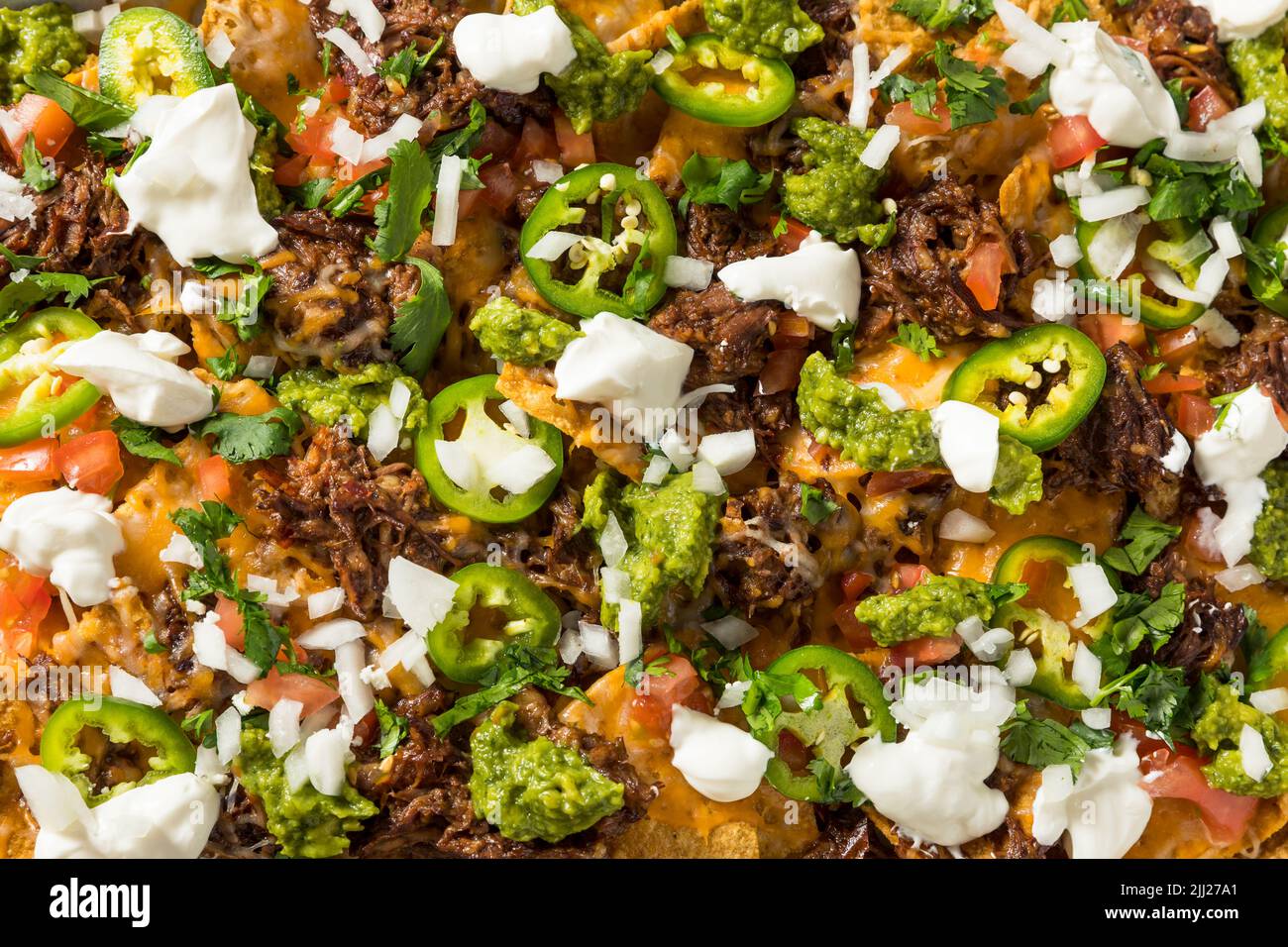 Homemade Mexican Shredded Beef Nachos with Gaucamole and Sour Cream Stock Photo