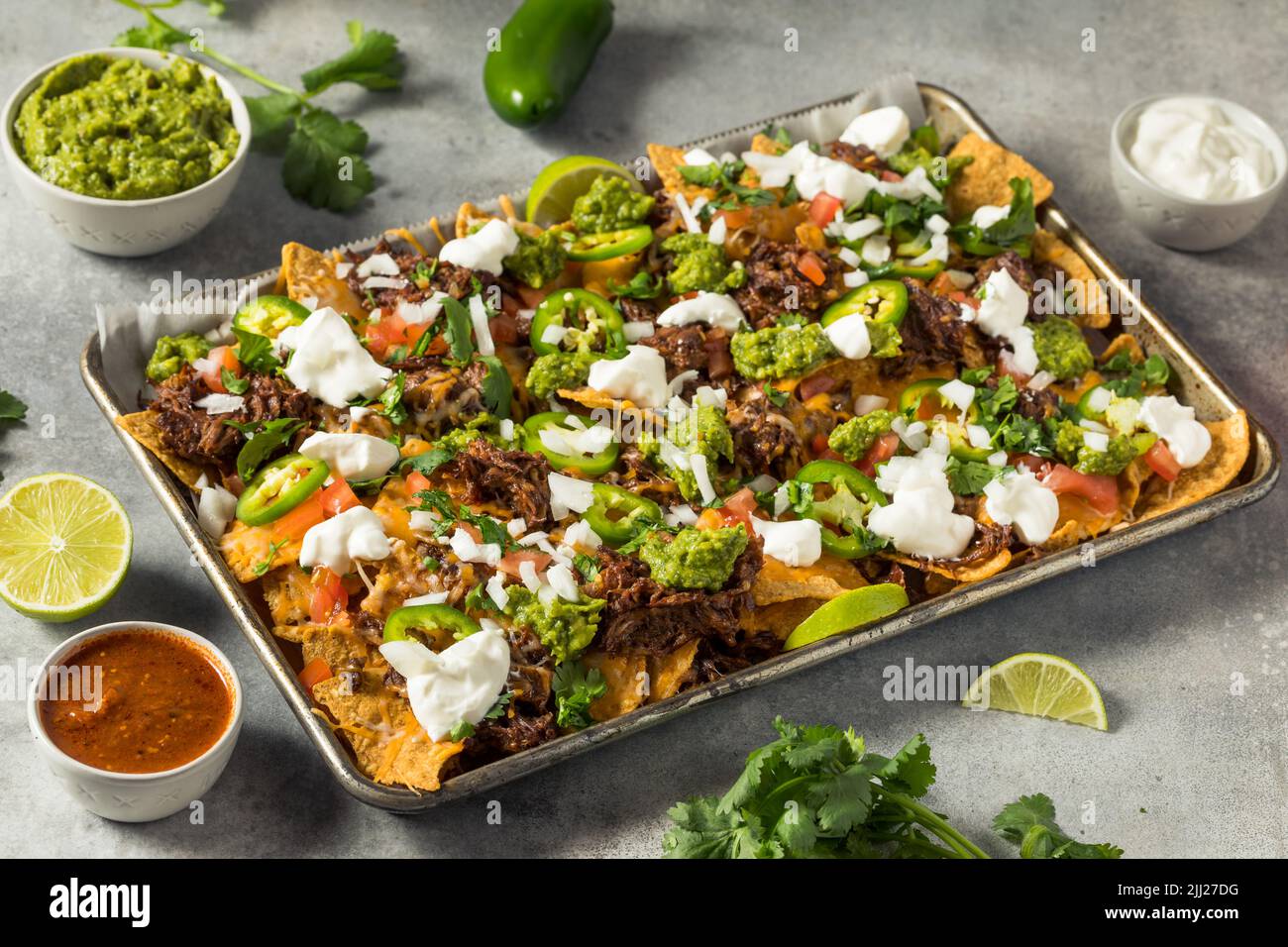 Homemade Mexican Shredded Beef Nachos with Gaucamole and Sour Cream Stock Photo