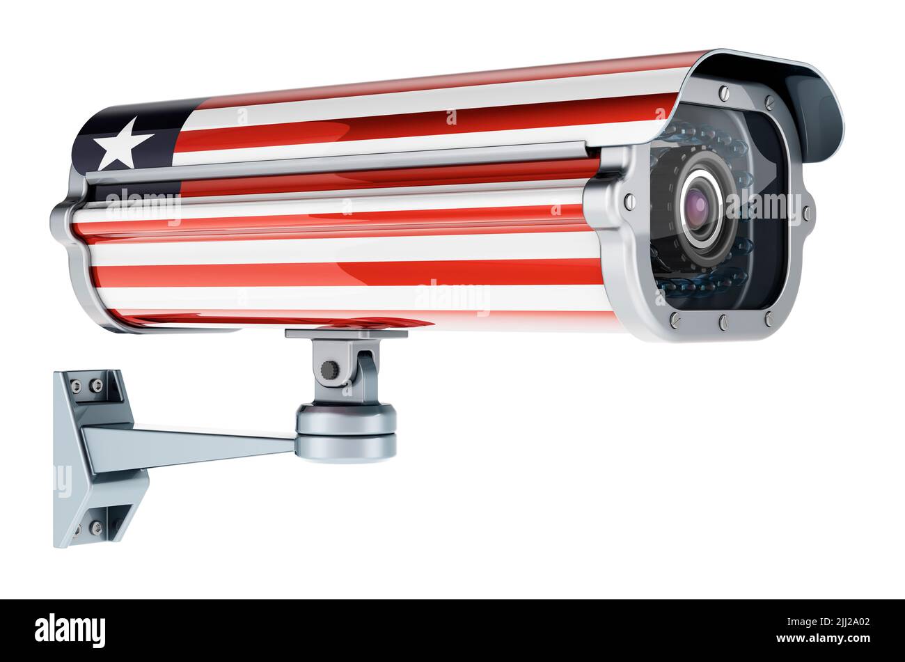 Surveillance camera with Liberian flag. 3D rendering isolated on white ...