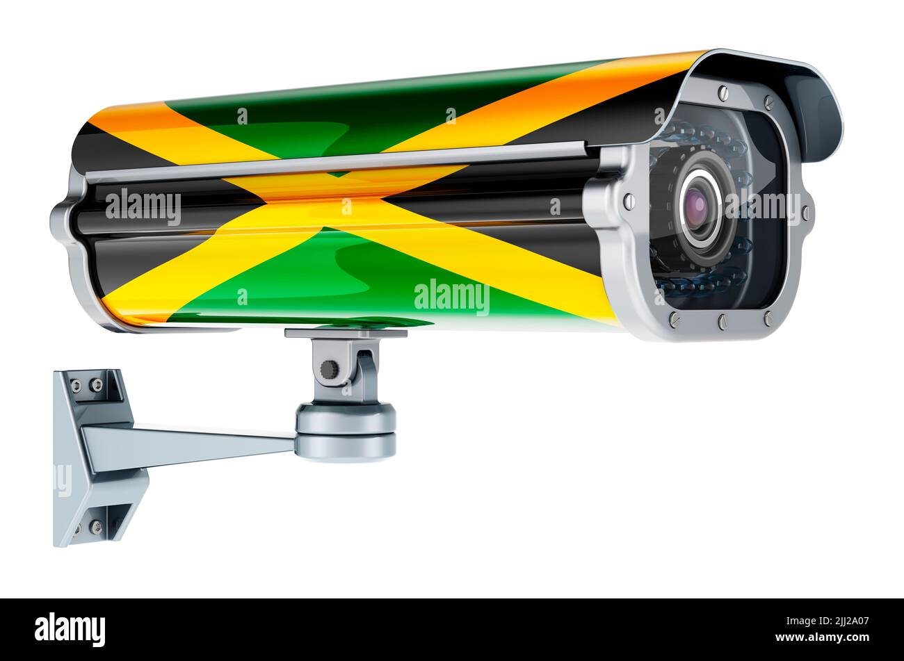 Surveillance camera with Jamaican flag. 3D rendering isolated on white