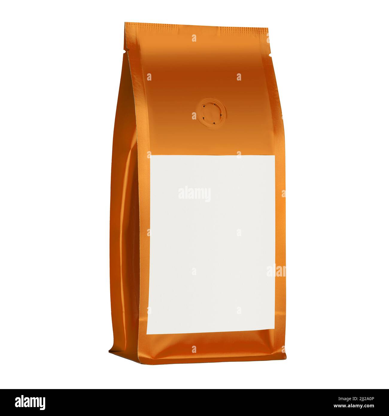 Orange foil vacuum sealed coffee bag isolated on white background