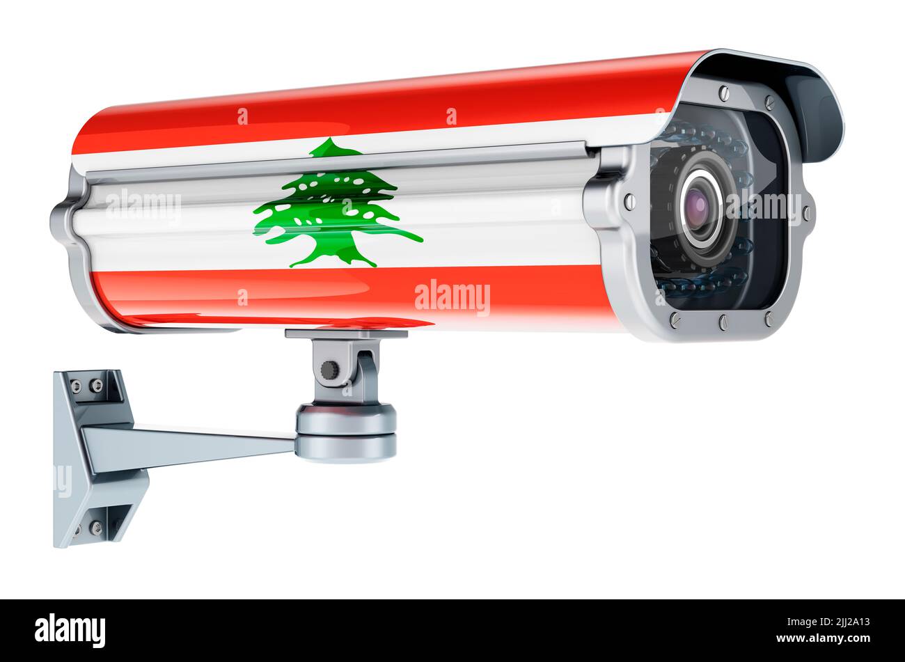Surveillance camera with Lebanese flag. 3D rendering isolated on white