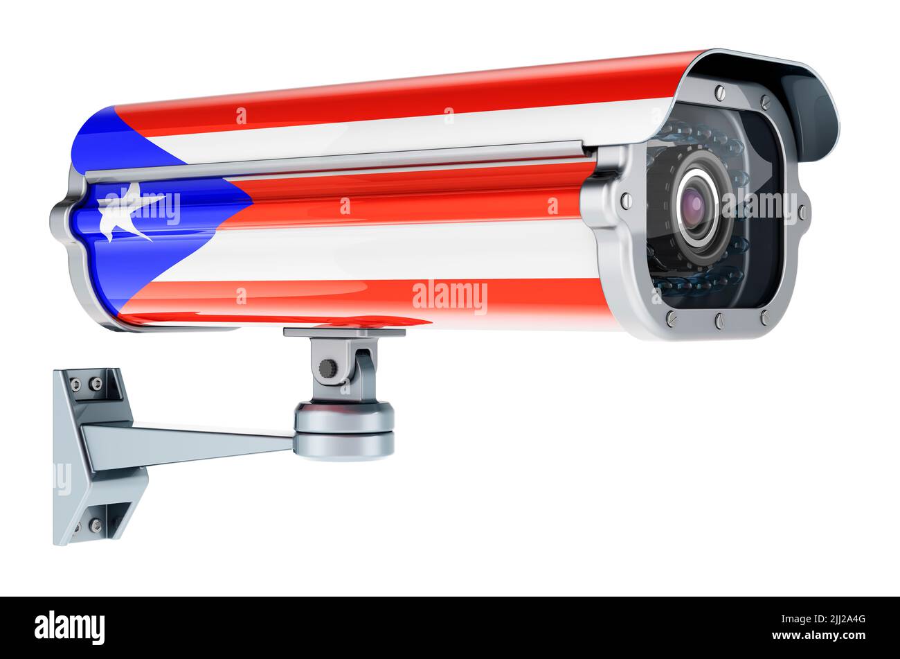 Surveillance camera with Puerto Rican flag. 3D rendering isolated on