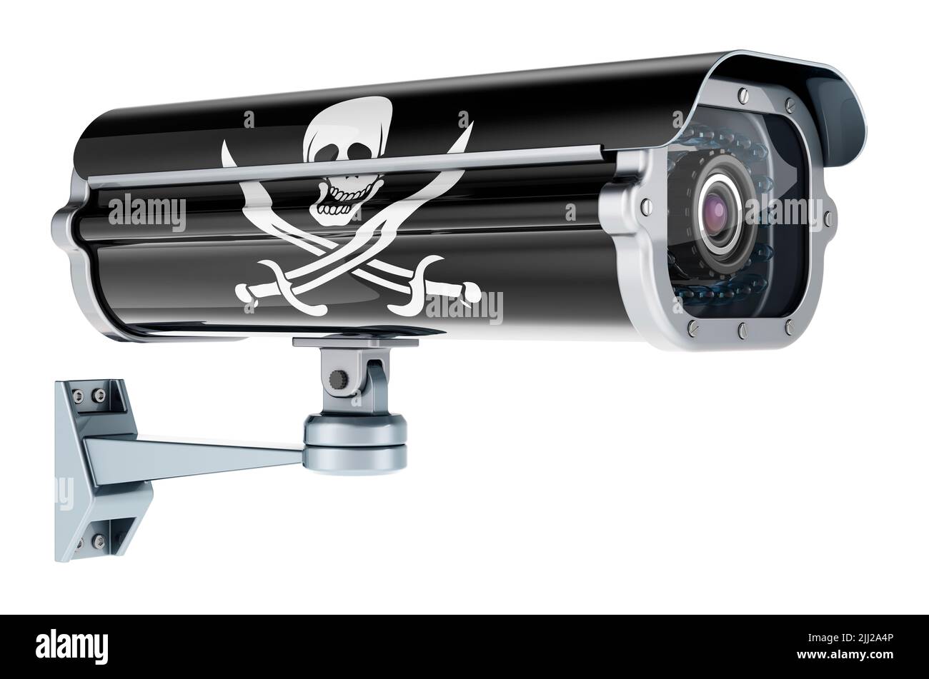 Surveillance camera with piracy flag. 3D rendering isolated on white ...