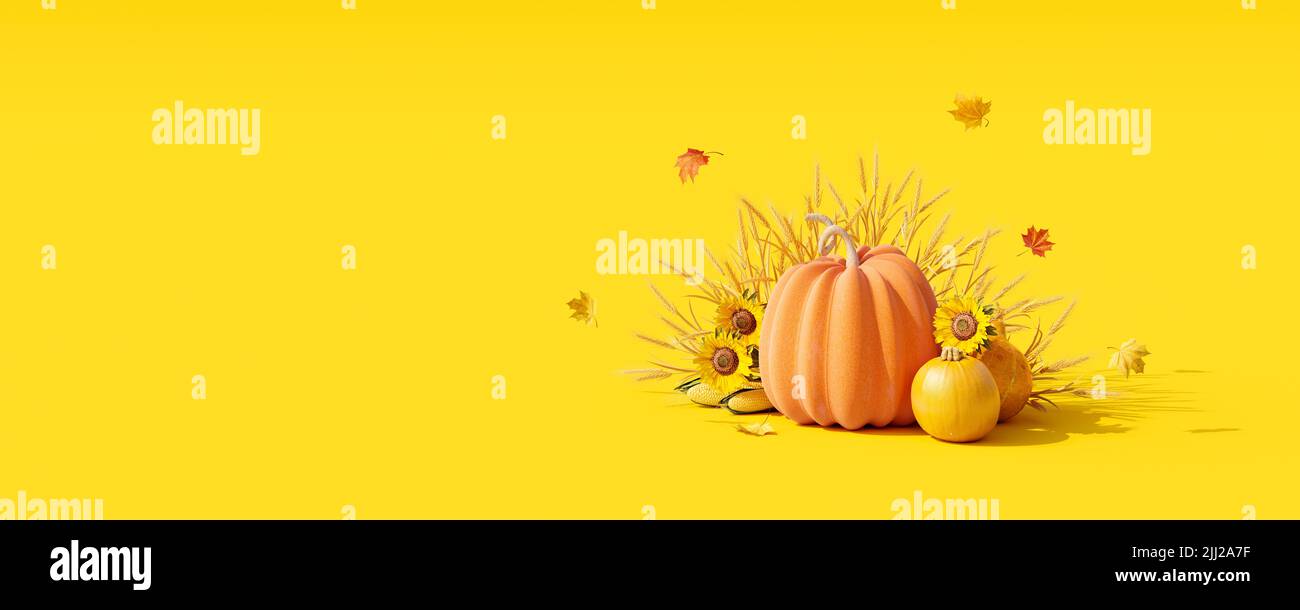Autumn seasonal background with pumpkins and fall decorations on yellow background 3d render 3d illustration Stock Photo