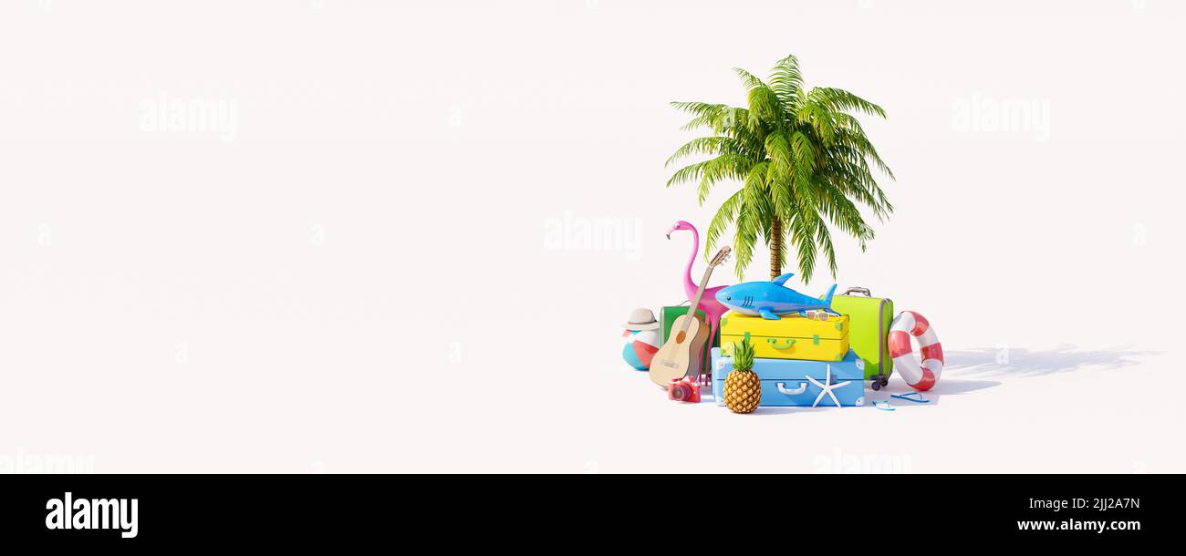 Summer vacation concept with palm tree and travel accessories on white background 3D Render 3D illustration Stock Photo