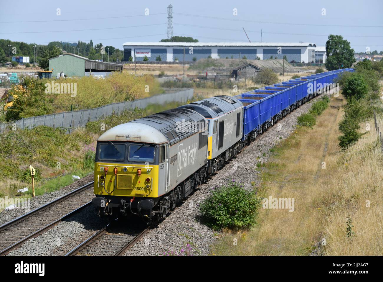 Cappagh Group owned 56091 & 60029 working 6Z47 11:45 Derby Chaddesden Sidings to Willesden DC Rail with a rake of empty JNA-T box wagons.11 July 2022 Stock Photo