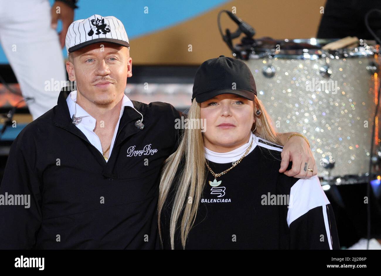 Singers Macklemore and Tones & I pose together during an appearance on ABC's 'Good Morning America' show in New York City, U.S., July 22, 2022.  REUTERS/Brendan McDermid Stock Photo