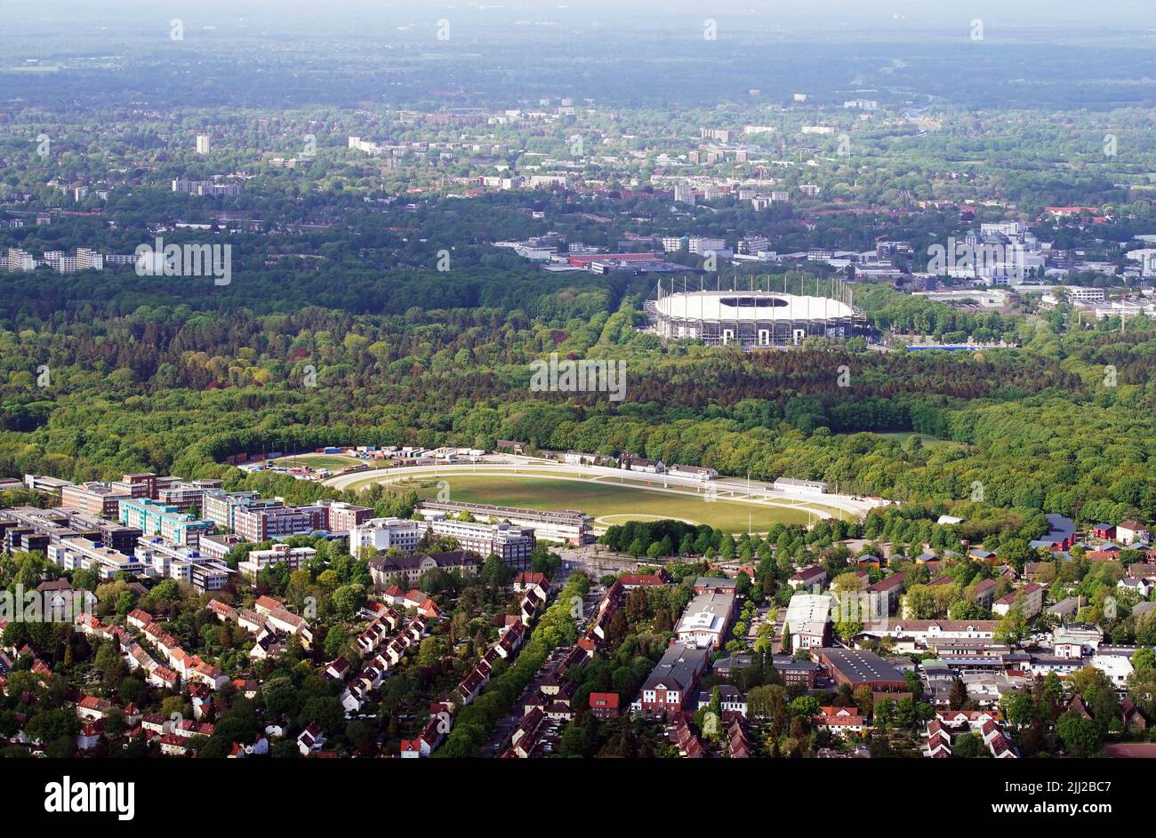 FILED - 11 May 2022, Hamburg: View of the Volksparkstadion (aerial view).  Following the death of soccer legend Uwe Seeler, former HSV player and coach Magath is also in favor of renaming Hamburg's Volksparkstadion. (to 'After Seeler's death: Felix Magath in favor of renaming HSV stadium') Photo: Marcus Brandt/dpa Stock Photo