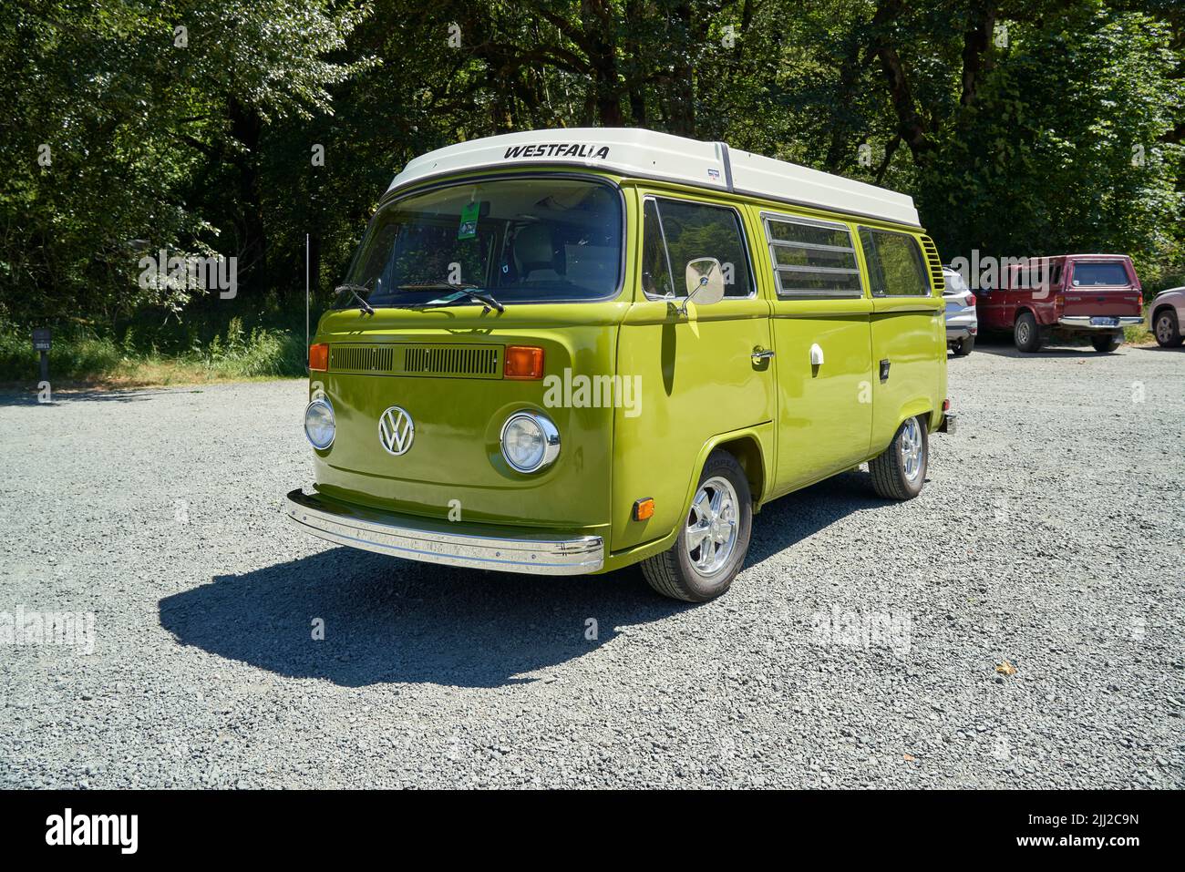 VW vintage van, lime green exterior, parked near Elwha River, Olympic National Park, Port Angeles, Washington, USA. Stock Photo