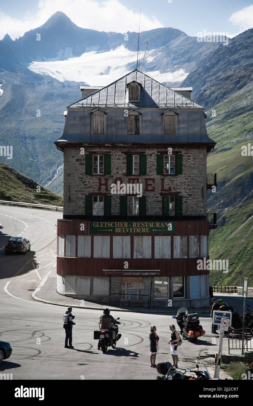 The abandoned Hotel Belvédère on the Furka Pass in Switzerland, as featured in the James Bond The abandoned Hotel Belvédère on the Furka Pass in Switzerland, as featured in the James Bond