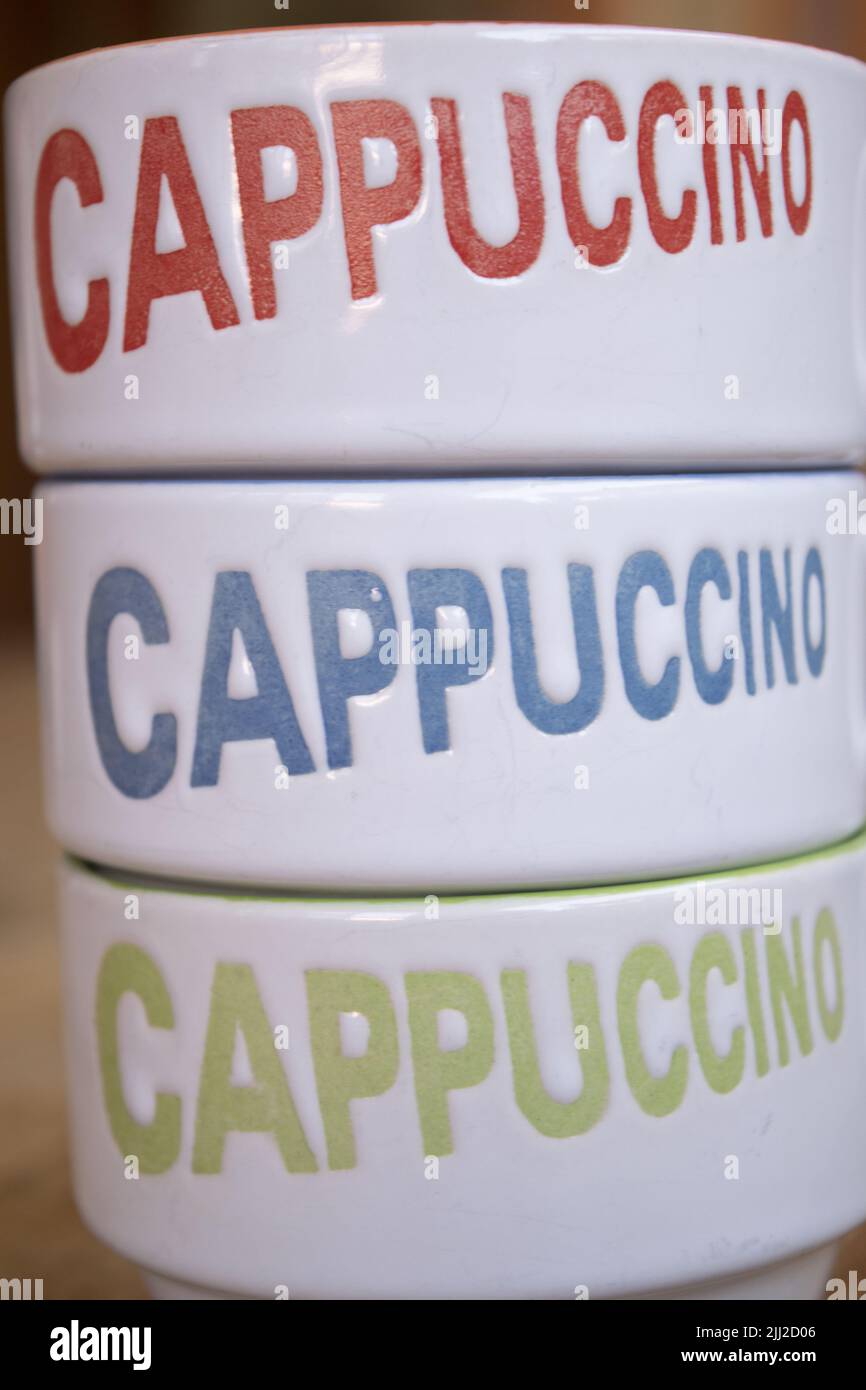 detail of cup with the cappuccino word Stock Photo