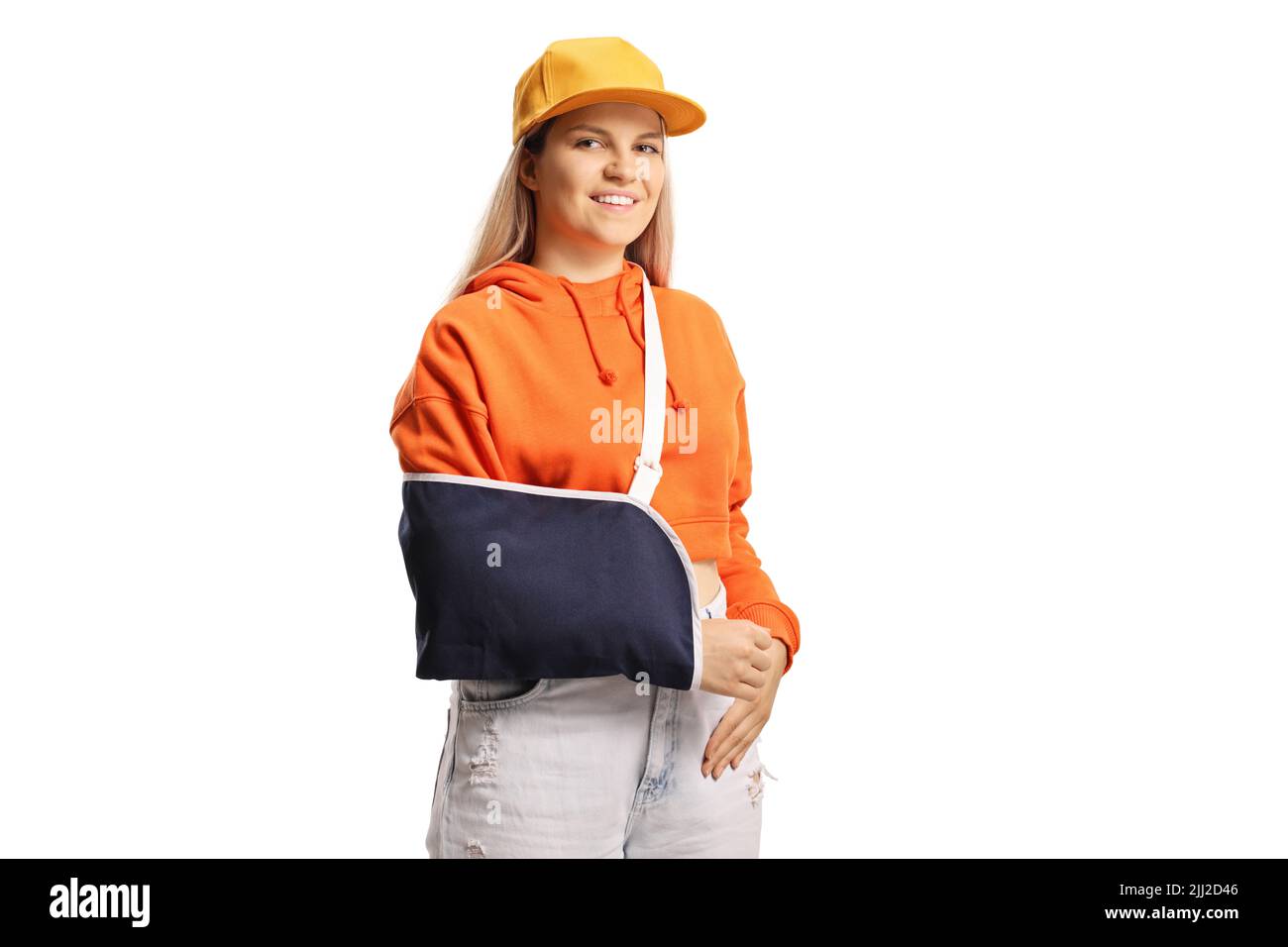 Young female with a broken arm wearing an arm splint isolated on white