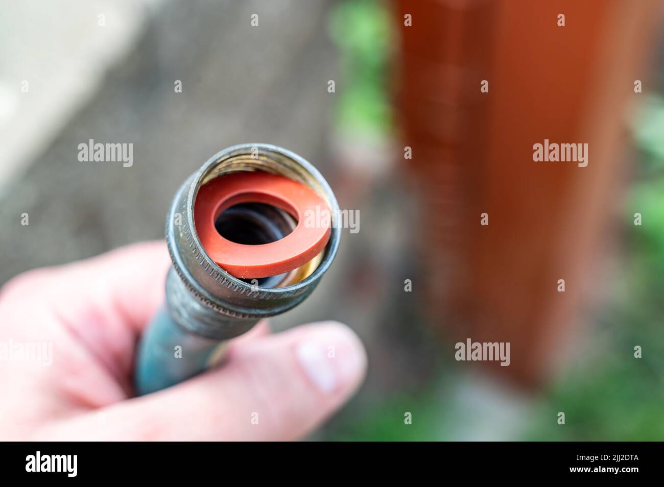 New rubber gasket being replaced in a garden hose female connection to