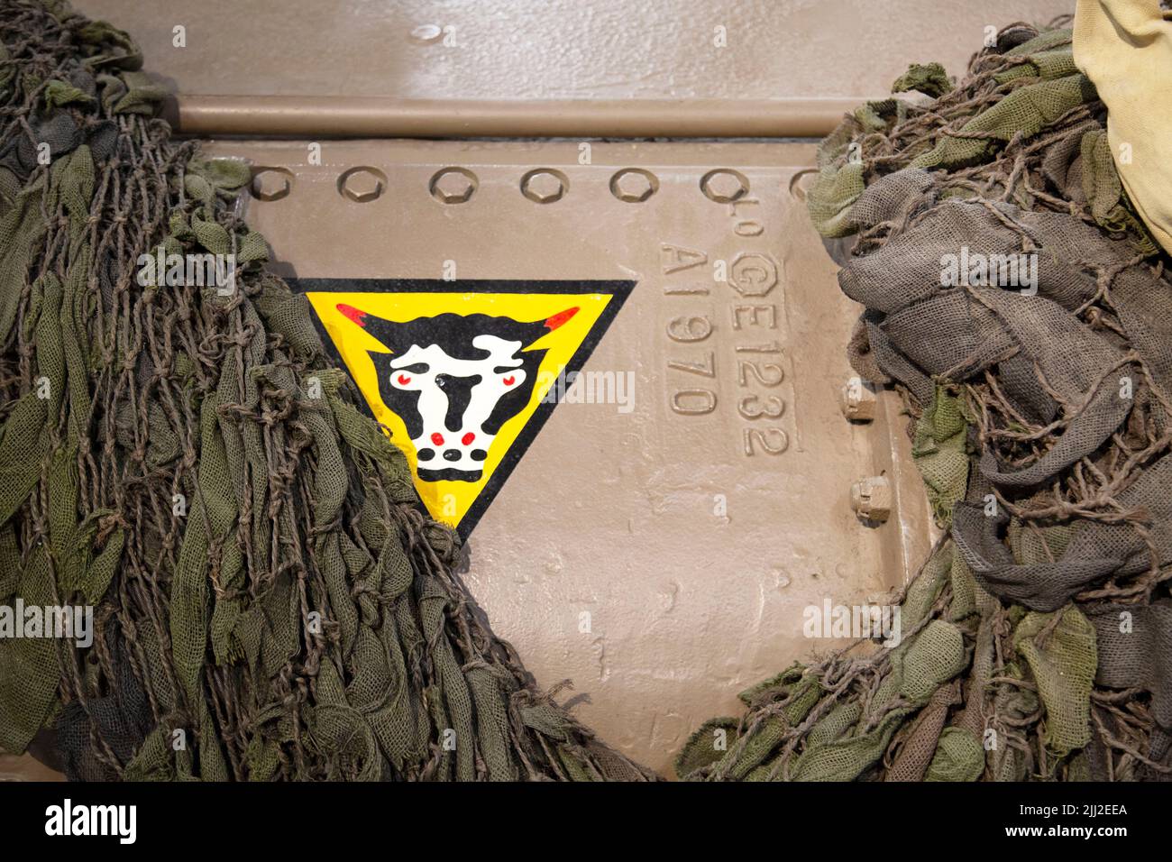 79th Armoured Division WWII British Army insignia on a Sherman Crab Flail Tank, Bovington Tank Museum, Dorset, UK Stock Photo