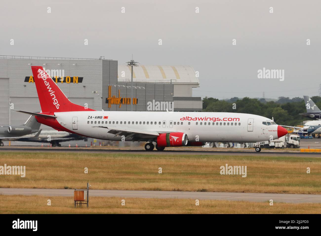 Albawings, Boeing 737 ZA-AWB, arriving at Stansted Airport, Essex, UK Stock Photo