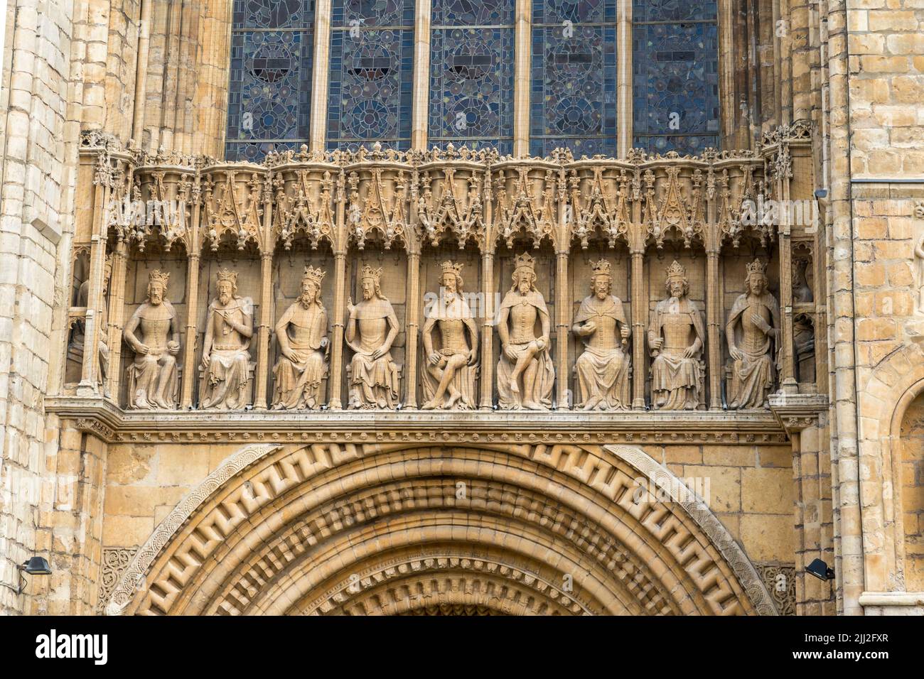 Gallery of the Kings above the Norman arch over the main door to Lincoln Cathedral, Lincoln city 2022 Stock Photo