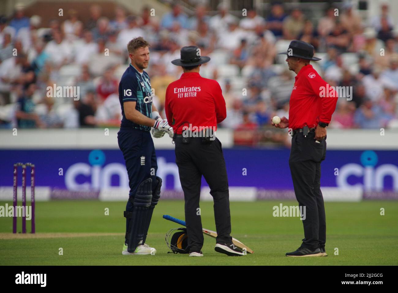 Chester le Street, England, 19 July 2022. Joe Root talking to umpires Mike Burns and Richard Kettleborough at the fall of a wicket during the First Royal London One Day International between England and South Africa at The Seat Unique Riverside. Credit: Colin Edwards Stock Photo