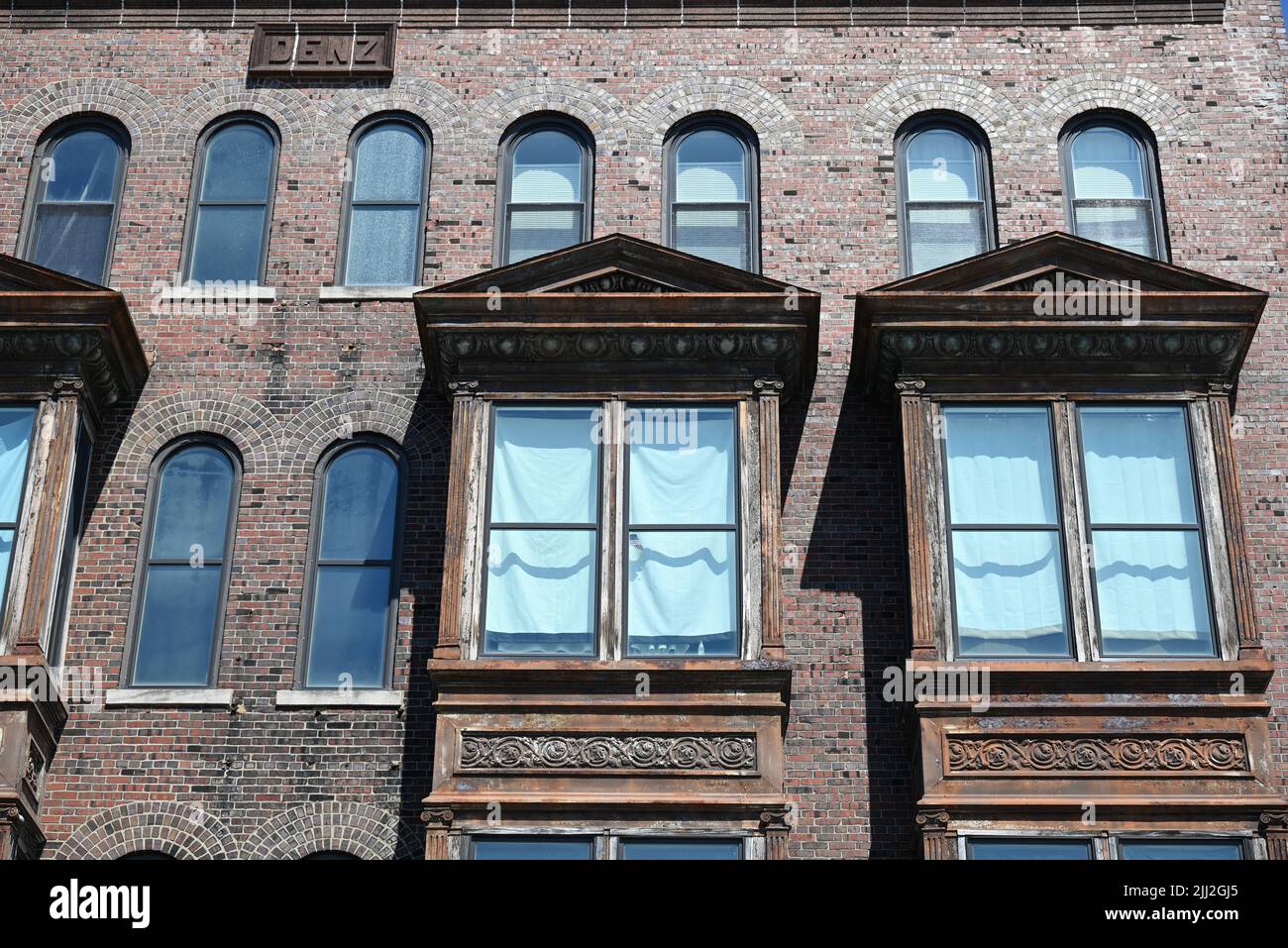 Facade of a vintage building in downtown Decatur, Illinois. Stock Photo