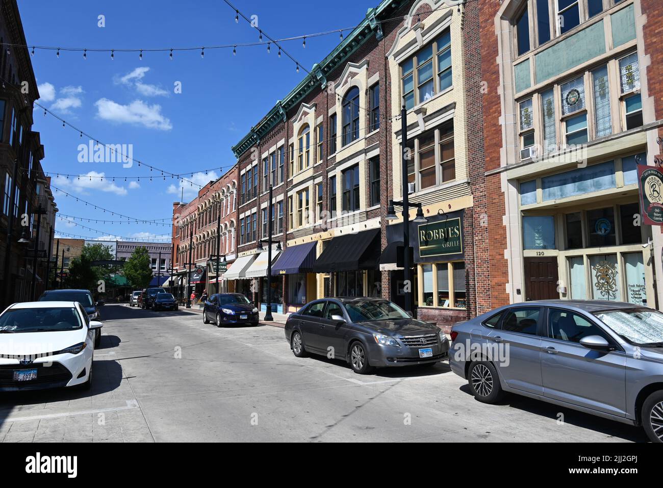 Storefronts along Merchant Street in the historic downtown district of Decatur, Illinois. Stock Photo