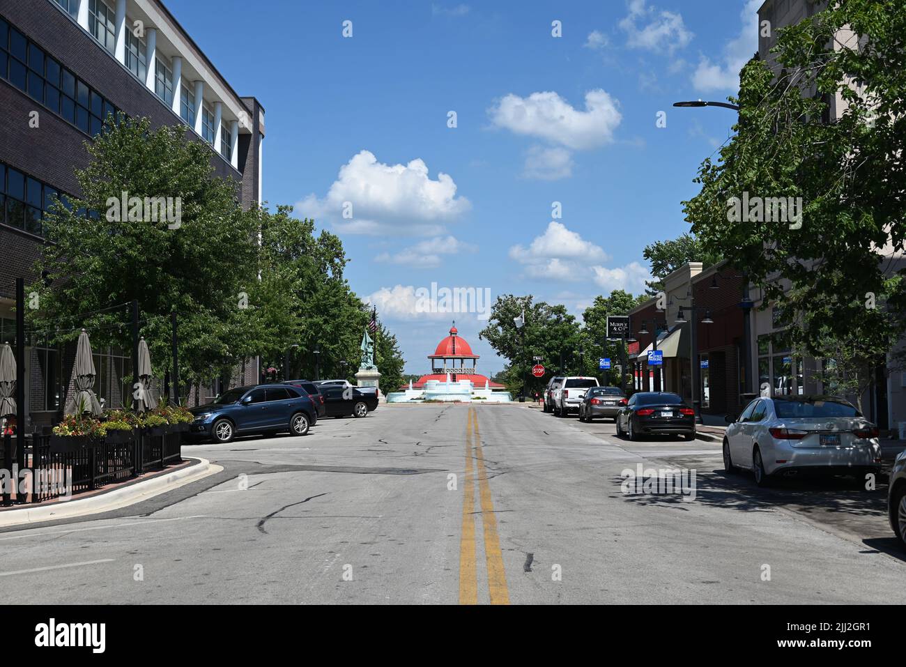 Looking down the Prairie Ave. business district with iconic transfer house at the far end in Decatur Illinois. Stock Photo
