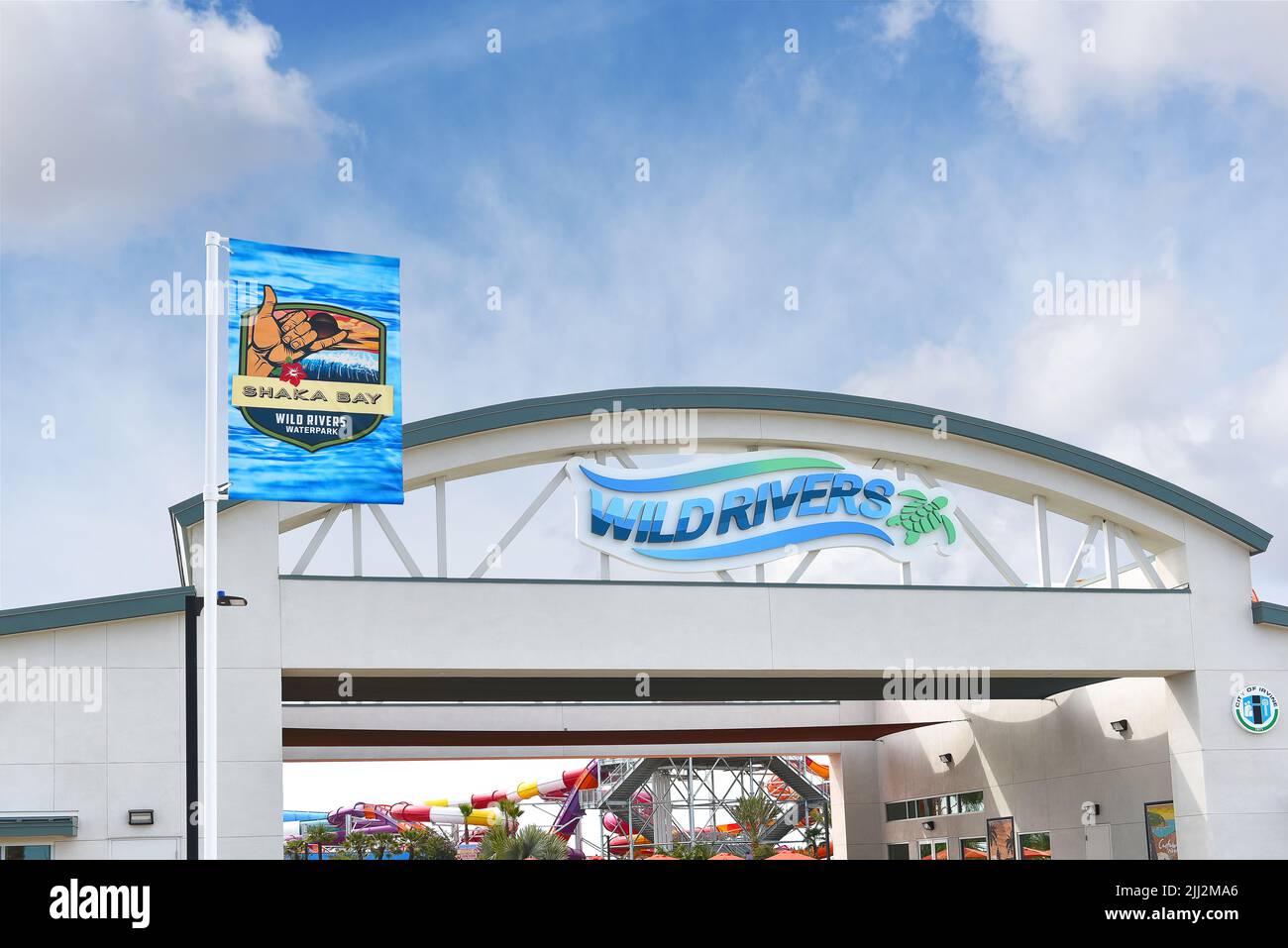 IRVINE, CALIFORNIA - 20 JUL 2022: Wild Rivers Waterpark. The popular summer attrraction recently reopened in a new location at the Orange County Great Stock Photo