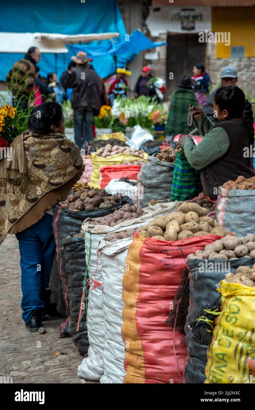Potatoes for sale, Pisac Sunday Market, Cusco, Peru Stock Photo