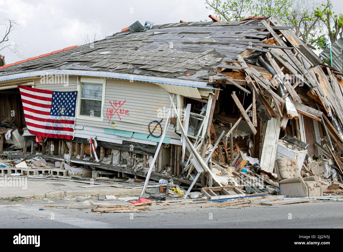 Damage in the Ninth Ward of New Orleans, Louisiana, from Hurricane Katrina, a Category 5 storm that wreaked havoc on the U.S. Gulf Coast in August 2005. (USA) Stock Photo