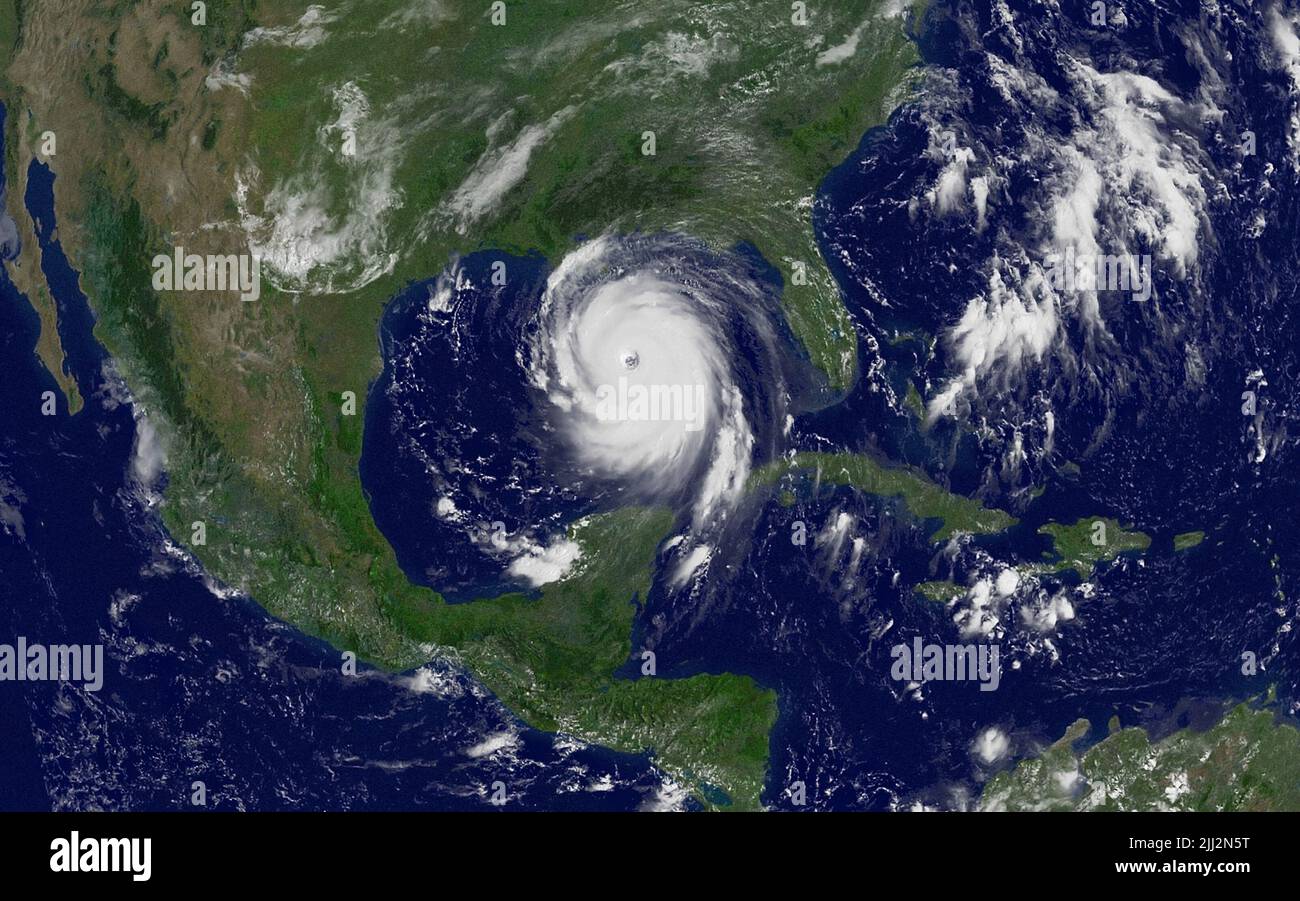 Hurricane Katrina, a Category 5 hurricane that wreaked havoc on the U.S. Gulf Coast in the New Orleans area, viewed from a weather satellite on August 29, 2005. (USA) Stock Photo