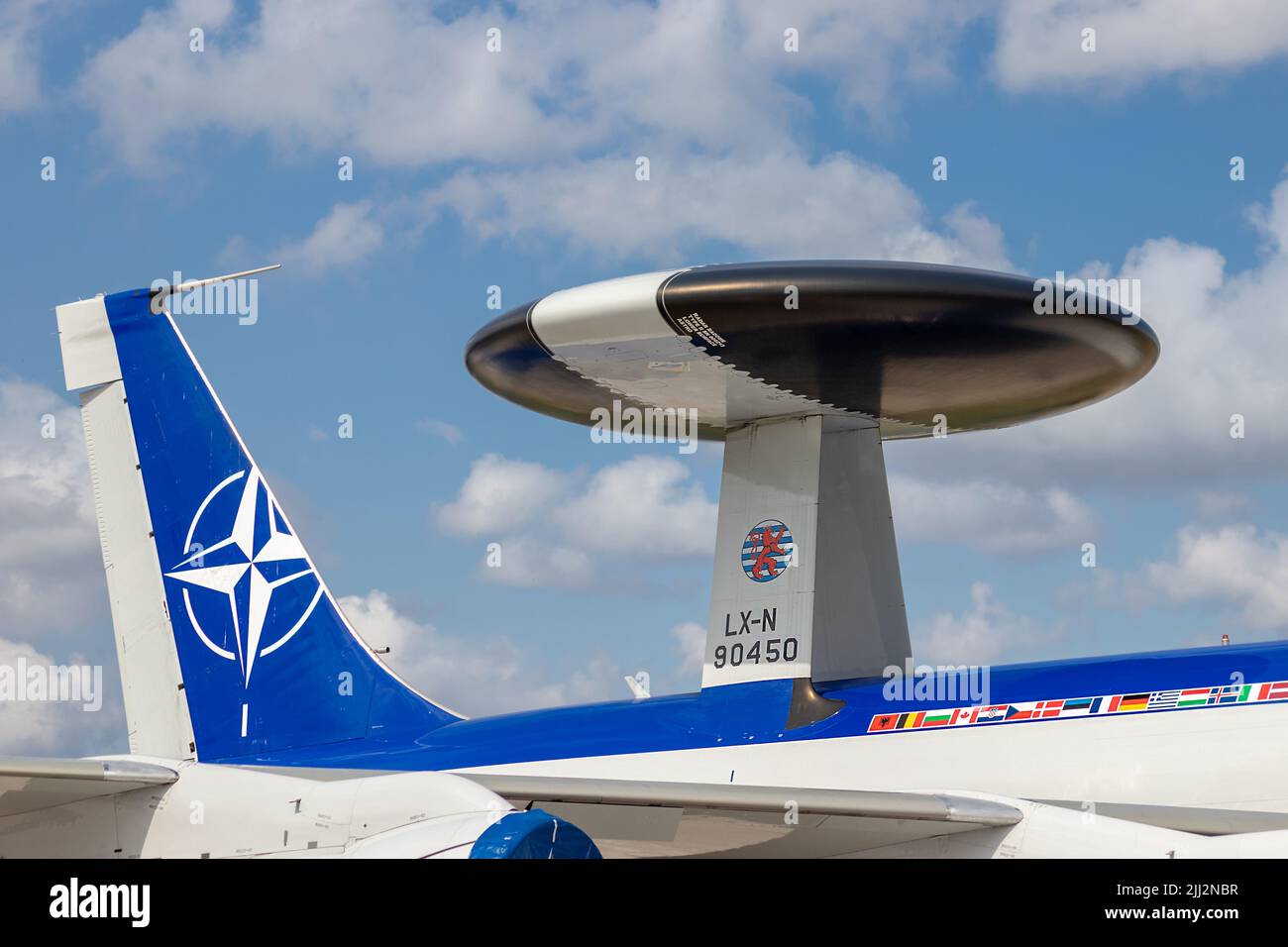 SIAULIAI / LITHUANIA - July 27, 2019: NATO Boeing E-3A AWACS (Airborn Warning & Control System) aircraft static display at air show Falcon Wings 2019 Stock Photo