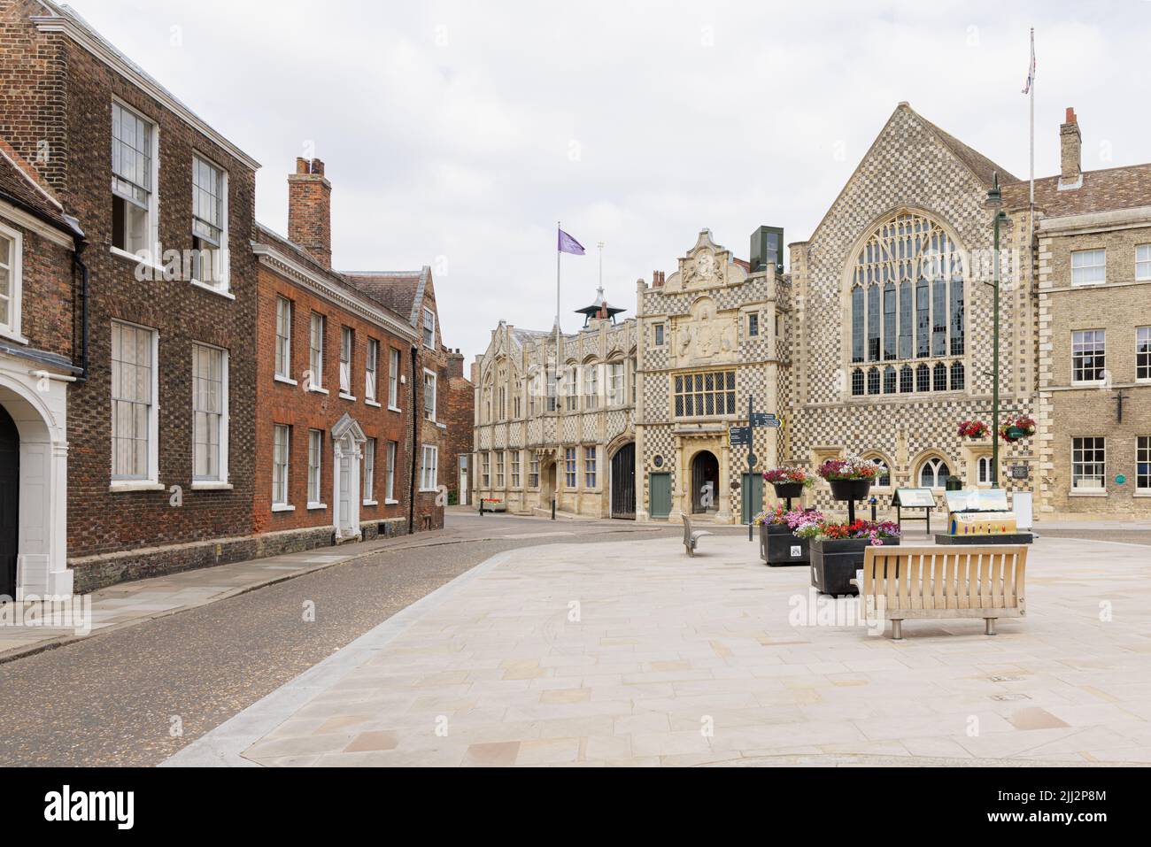 King's Lynn, Norfolk, UK, July 20th 2022: The Grade I listed Trinity Guildhall and the Town Hall, both with striking chequered patterned exteriors. Stock Photo