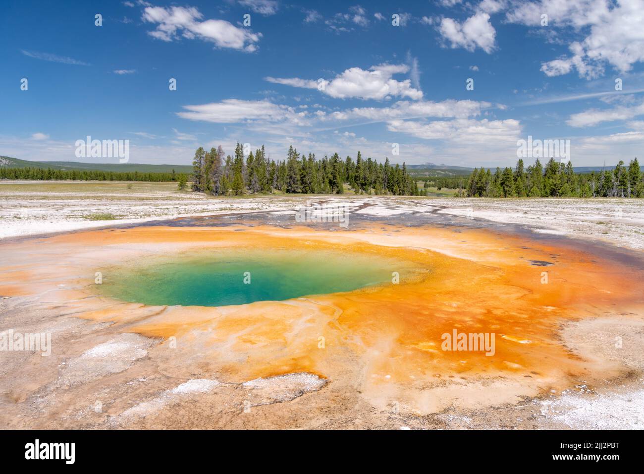 Opal Pool is one of several geological features found in the Midway Geyser Basin in Yellowstone National Park. Stock Photo