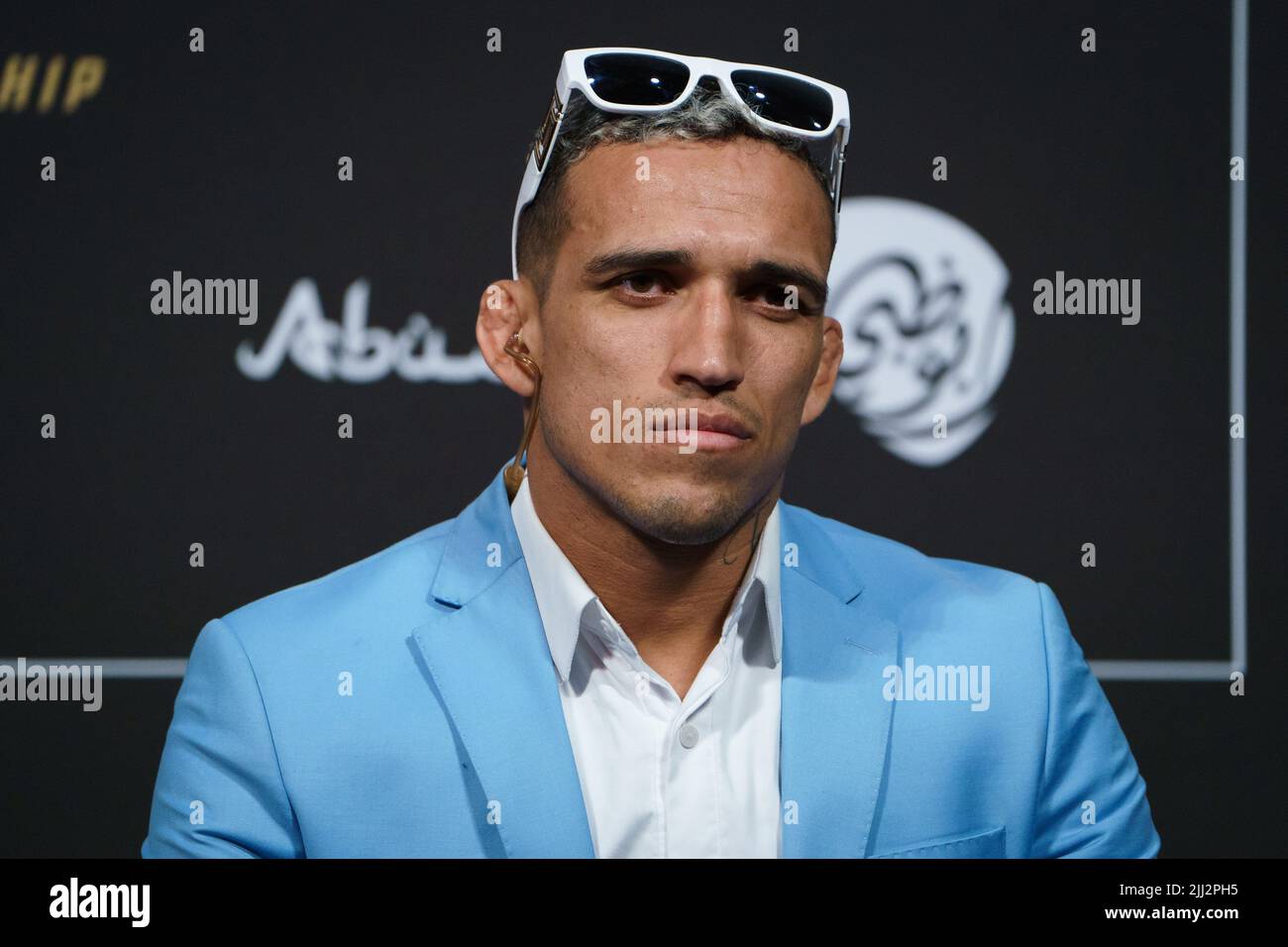 London, UK. 22nd July, 2022. LONDON, UK - JULY 22: Brazilian UFC fighter Charles Oliveira interacts with media during the UFC 280: Oliveira v Makhachev Press Conference at O2 Arena on July 22, 2022, in Greenwich, London, United Kingdom. (Photo by Scott Garfitt/PxImages) Credit: Px Images/Alamy Live News Stock Photo