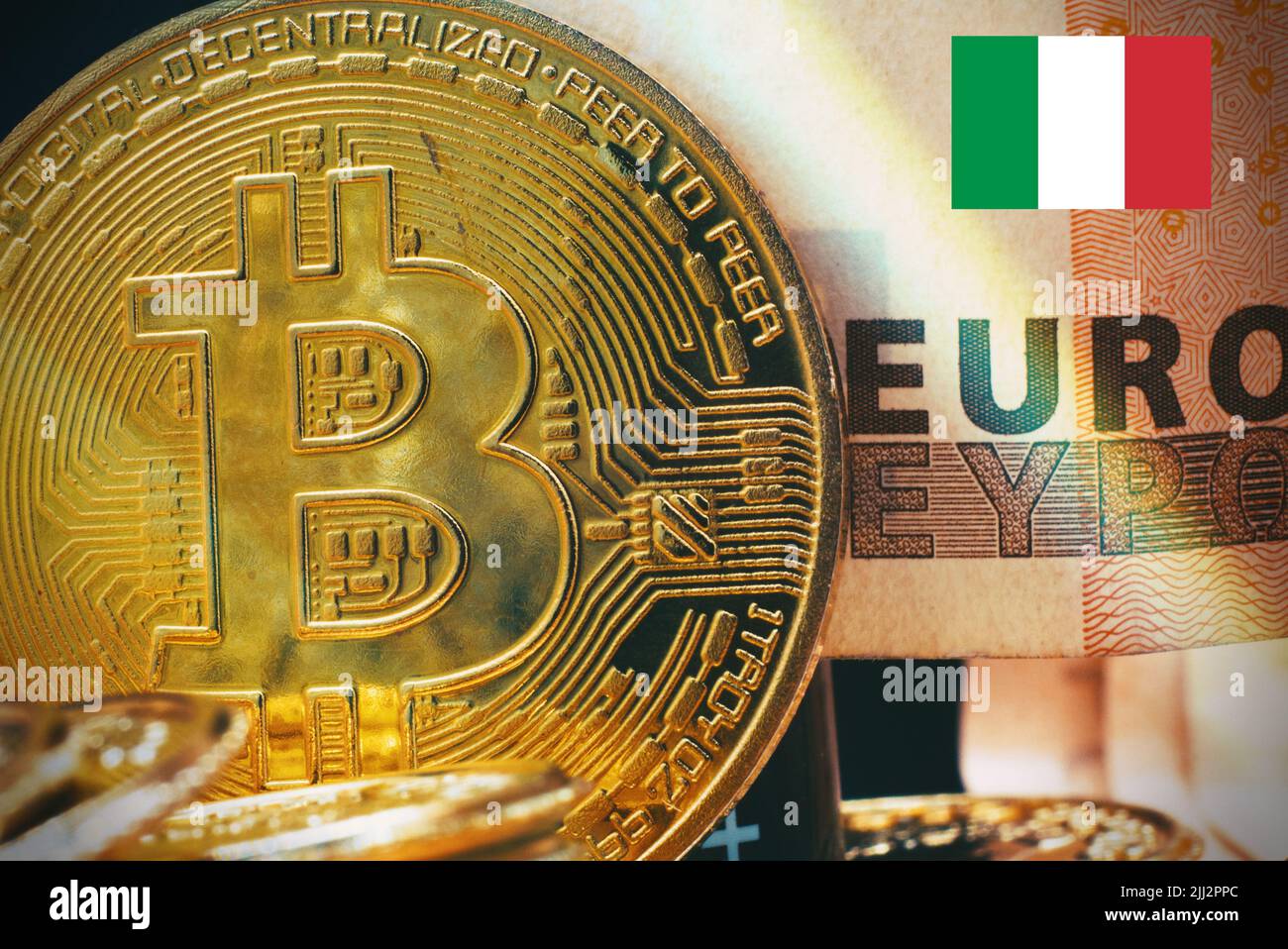 Macro view of a bitcoin with a euro banknote as background , concept of crypto  currency in Italy Stock Photo - Alamy