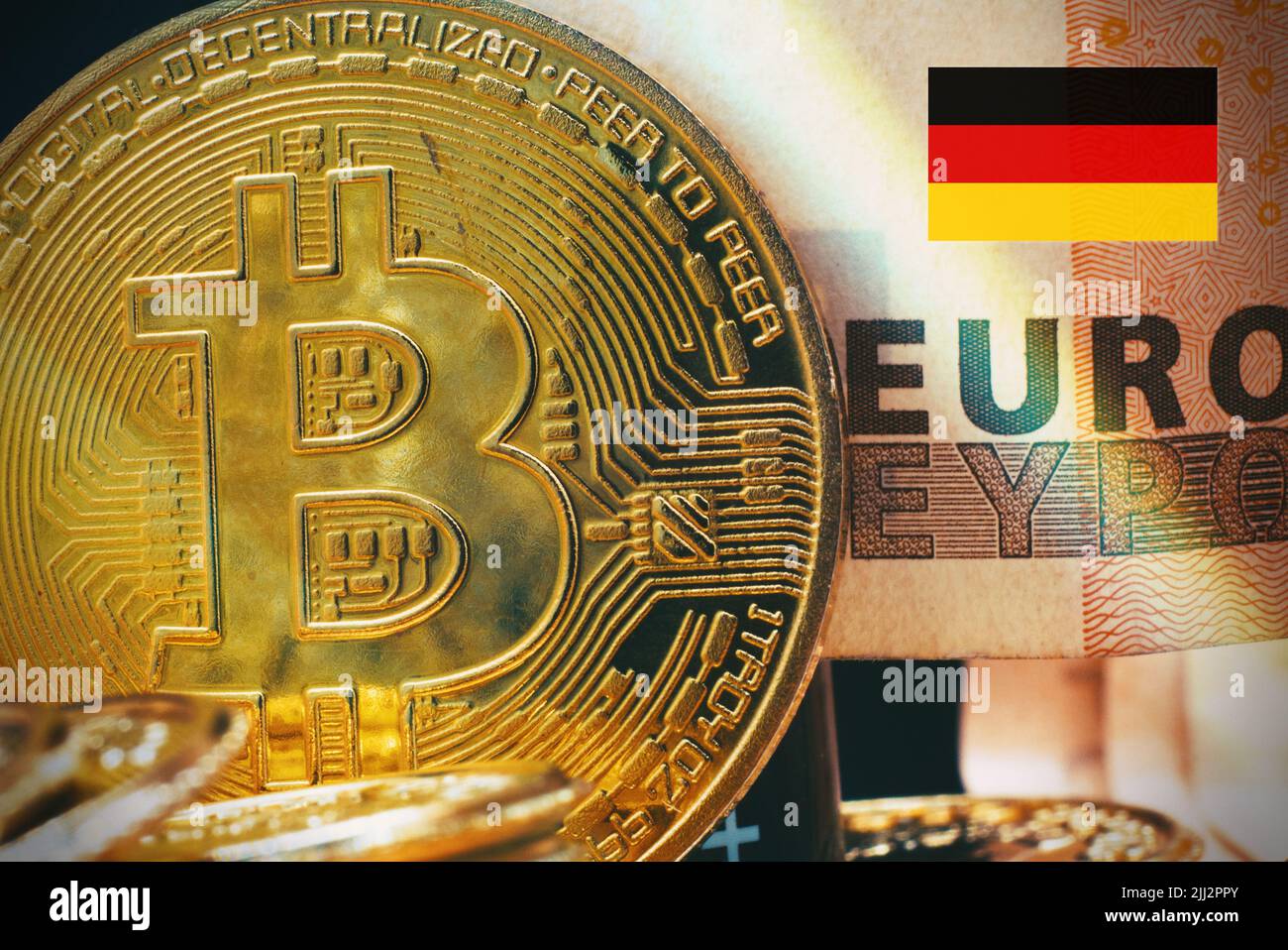 Macro view of a bitcoin with a euro banknote as background , concept of  crypto currency in Germany Stock Photo - Alamy