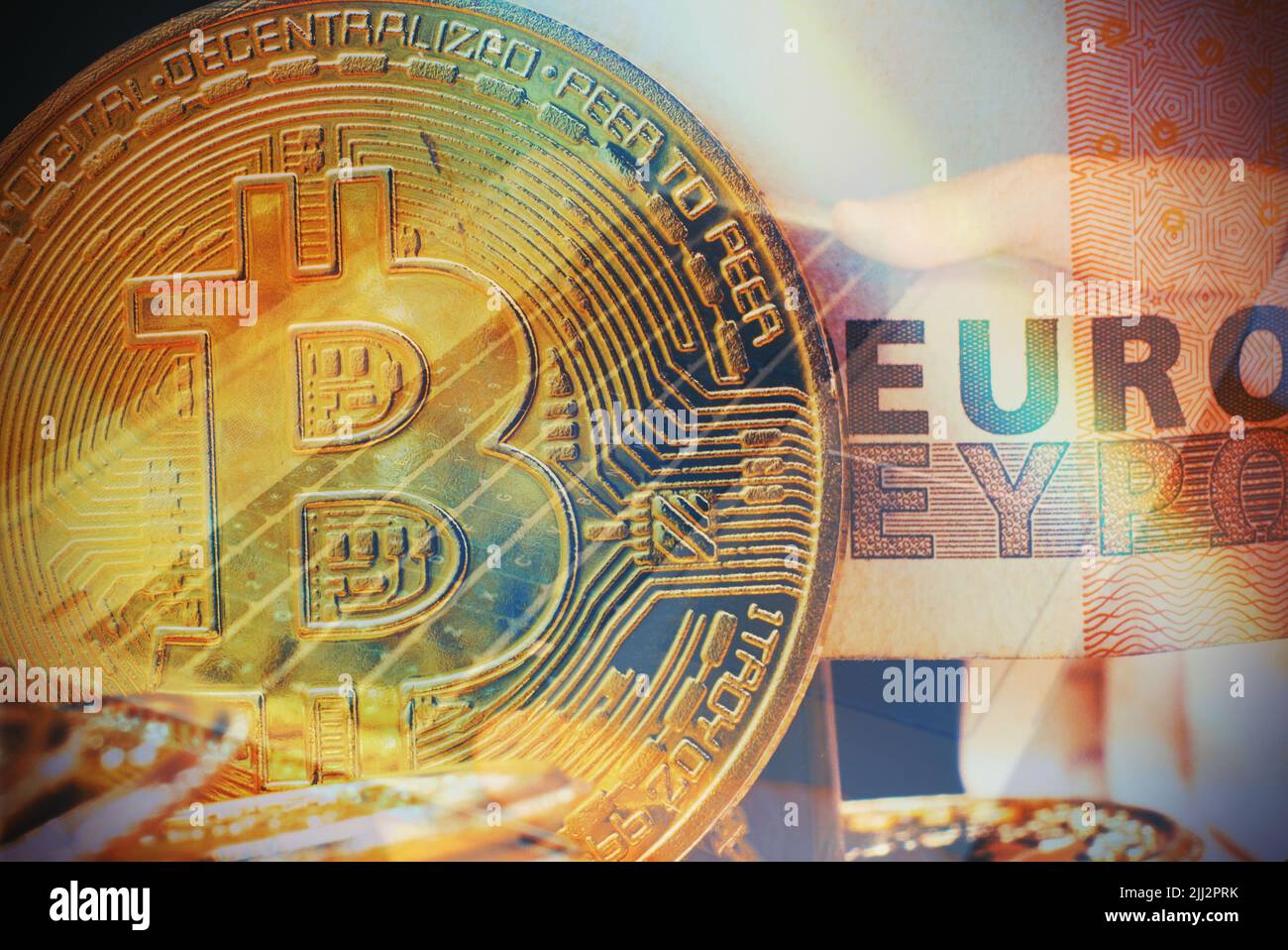 Macro view of a bitcoin with a euro banknote as background , concept of  crypto currency in Italy Stock Photo - Alamy