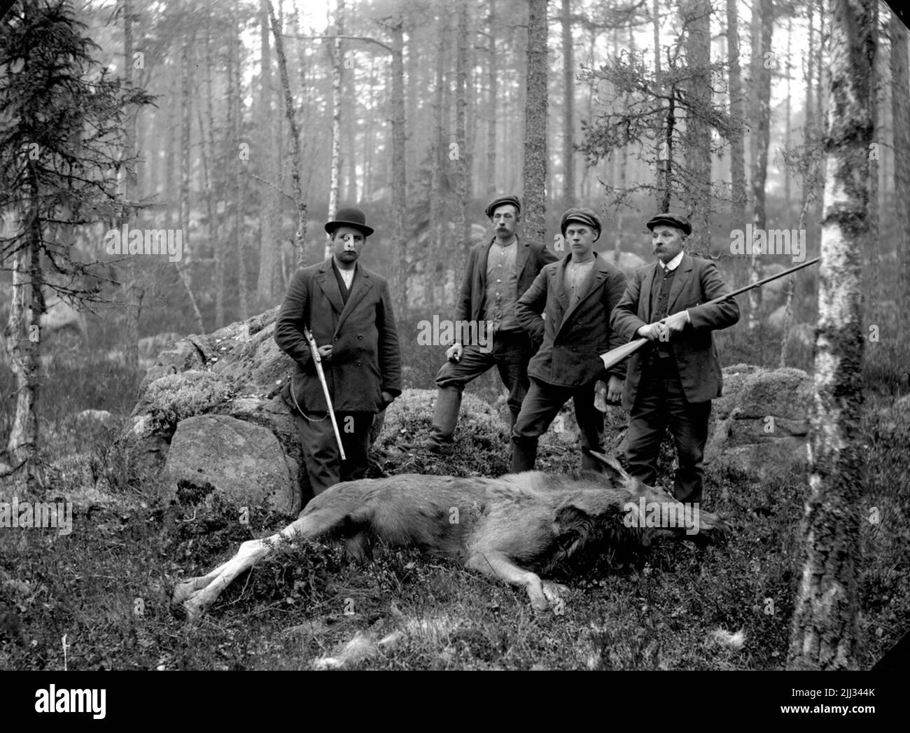 Hunting team, four men on the left: Arvid Stenholm, born 1876-01-08 at Krackgården in Stenstorp, died 1931-04-05 in Svennevad.mannen on the right: G F Hallberg, born 1860-03-13 in Regna. D.1934-04-17 at Northern Hyddan in Svennevad. Stock Photo