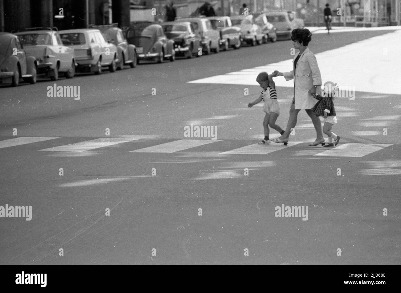 Remaining in town July 26, 1967 Mom dressed in white coat, dark dress and white shoes cross a pedestrian crossing on a street in central Örebro with two small children at each hand. The boy is dressed in a white short pants, striped t-shirt, dark socks and white sandals and the girl has a white sailor cap on the head, checkered short coat, white underpants, white socks and black shoes. Stock Photo