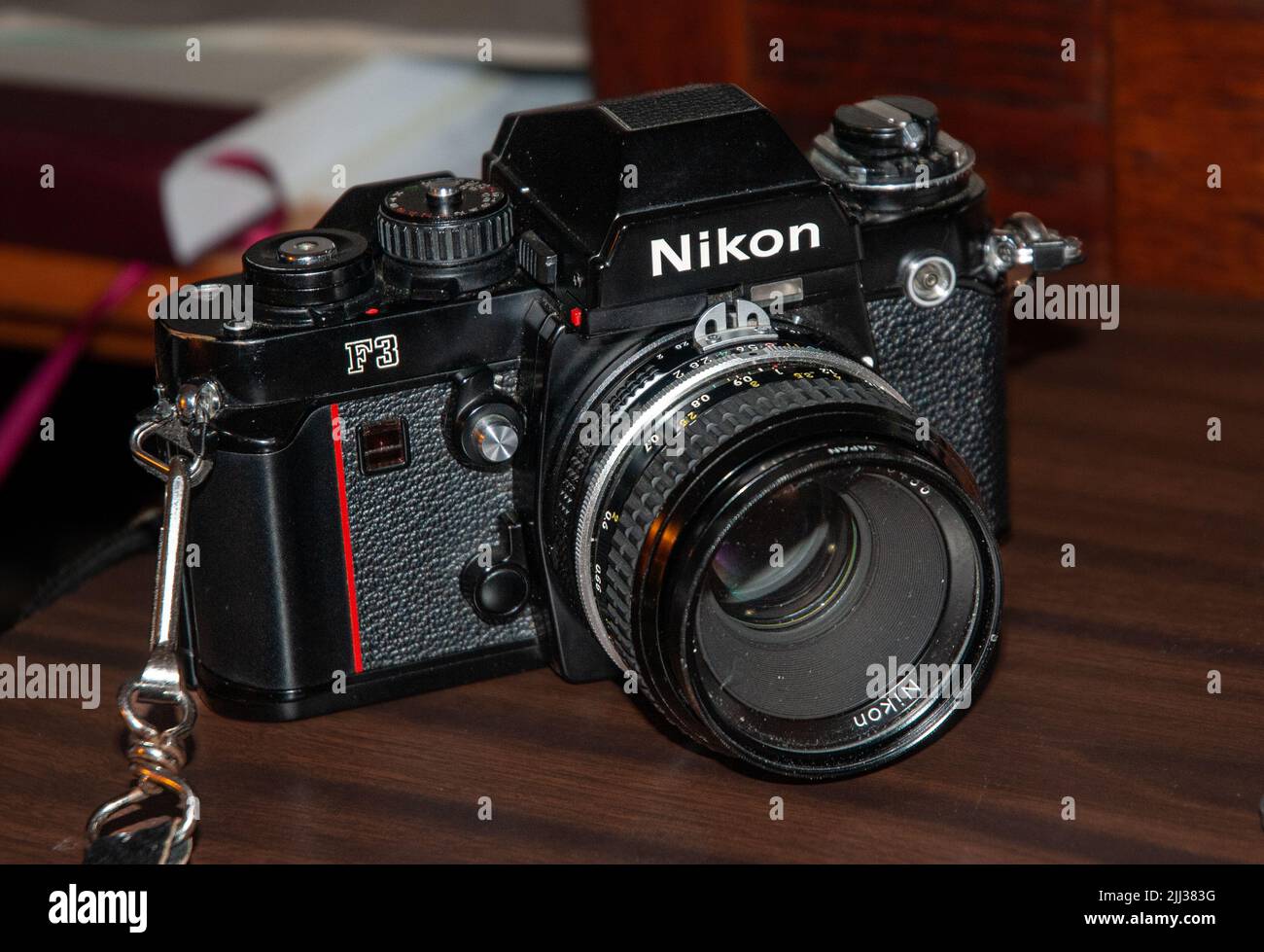 A vintage 1980s Nikon F3 of the model styled by Italian designer Giorgetto Giugiaro, produced from 1980 to 2001, longest running professional Nikon. Stock Photo