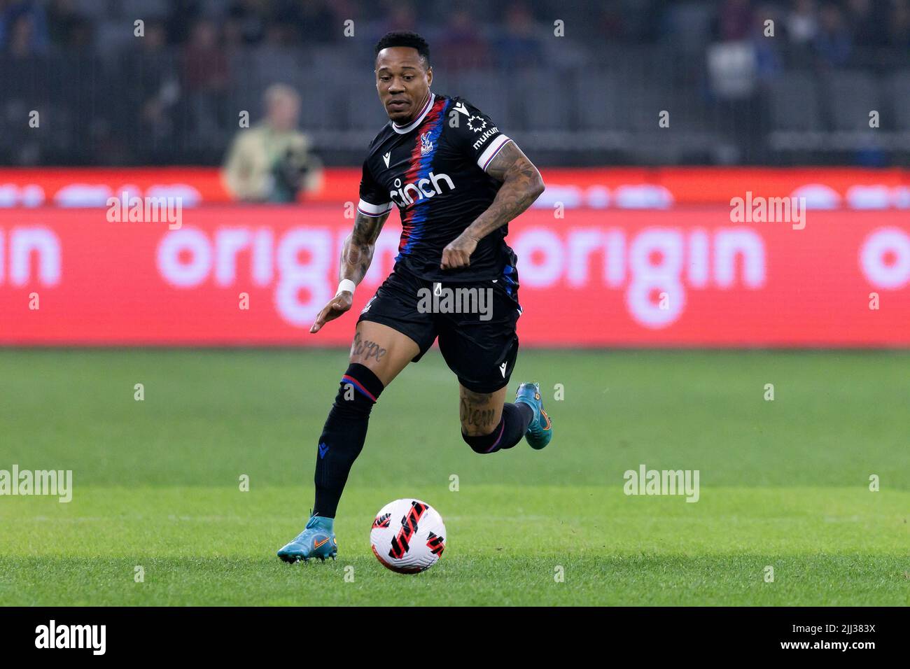 Perth, Australia, 22 July, 2022. Nathaniel Clyne of Crystal Palace controls the ball during the ICON Festival of International Football match between Crystal Palace and Leeds United at Optus Stadium on July 22, 2022 in Perth, Australia. Credit: Graham Conaty/Speed Media/Alamy Live News Stock Photo