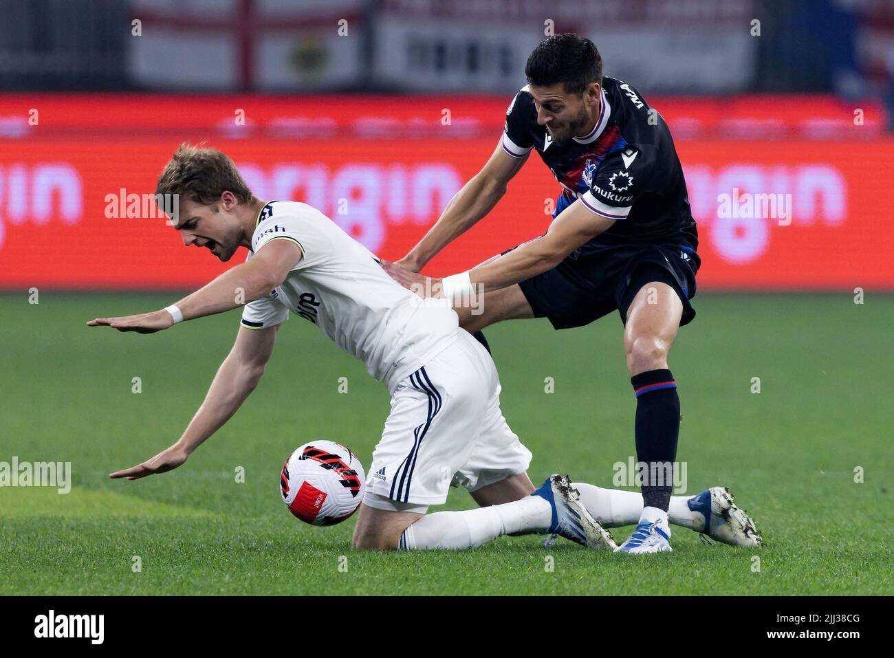 Perth, Australia, 22 July, 2022. Patrick Bamford of Leeds United is tackled by Joel Ward of Crystal Palace during the ICON Festival of International Football match between Crystal Palace and Leeds United at Optus Stadium on July 22, 2022 in Perth, Australia. Credit: Graham Conaty/Speed Media/Alamy Live News Stock Photo