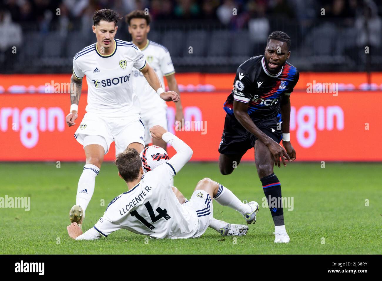Perth, Australia, 22 July, 2022. Odsonne Édouard of Crystal Palace is tackled by Diego Llorente of Leeds United during the ICON Festival of International Football match between Crystal Palace and Leeds United at Optus Stadium on July 22, 2022 in Perth, Australia. Credit: Graham Conaty/Speed Media/Alamy Live News Stock Photo
