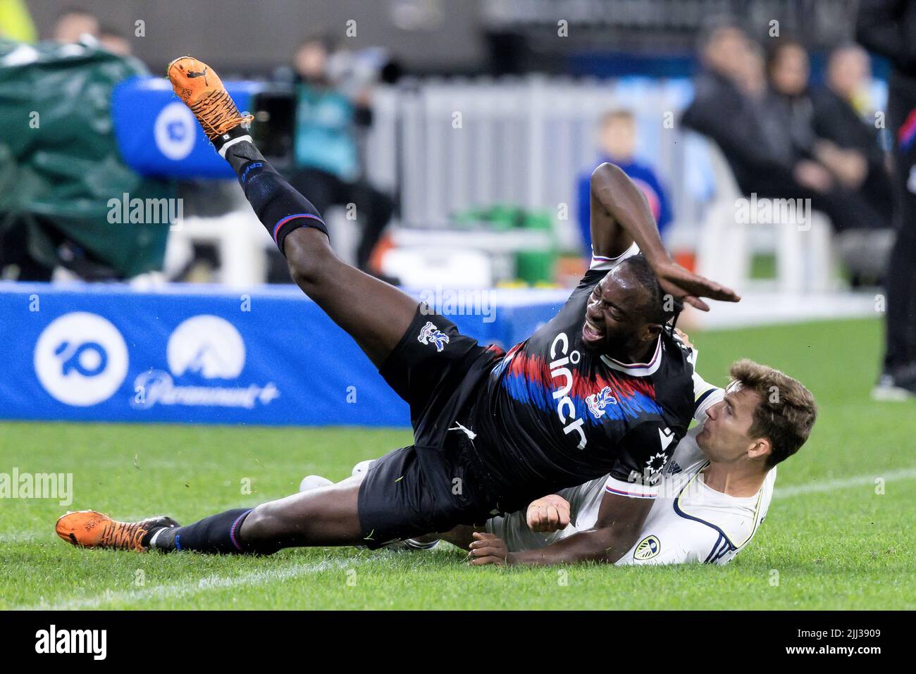 Perth, Australia, 22 July, 2022. Jean-Philippe Mateta of Crystal Palace is tackled by Diego Llorente of Leeds United during the ICON Festival of International Football match between Crystal Palace and Leeds United at Optus Stadium on July 22, 2022 in Perth, Australia. Credit: Graham Conaty/Speed Media/Alamy Live News Stock Photo