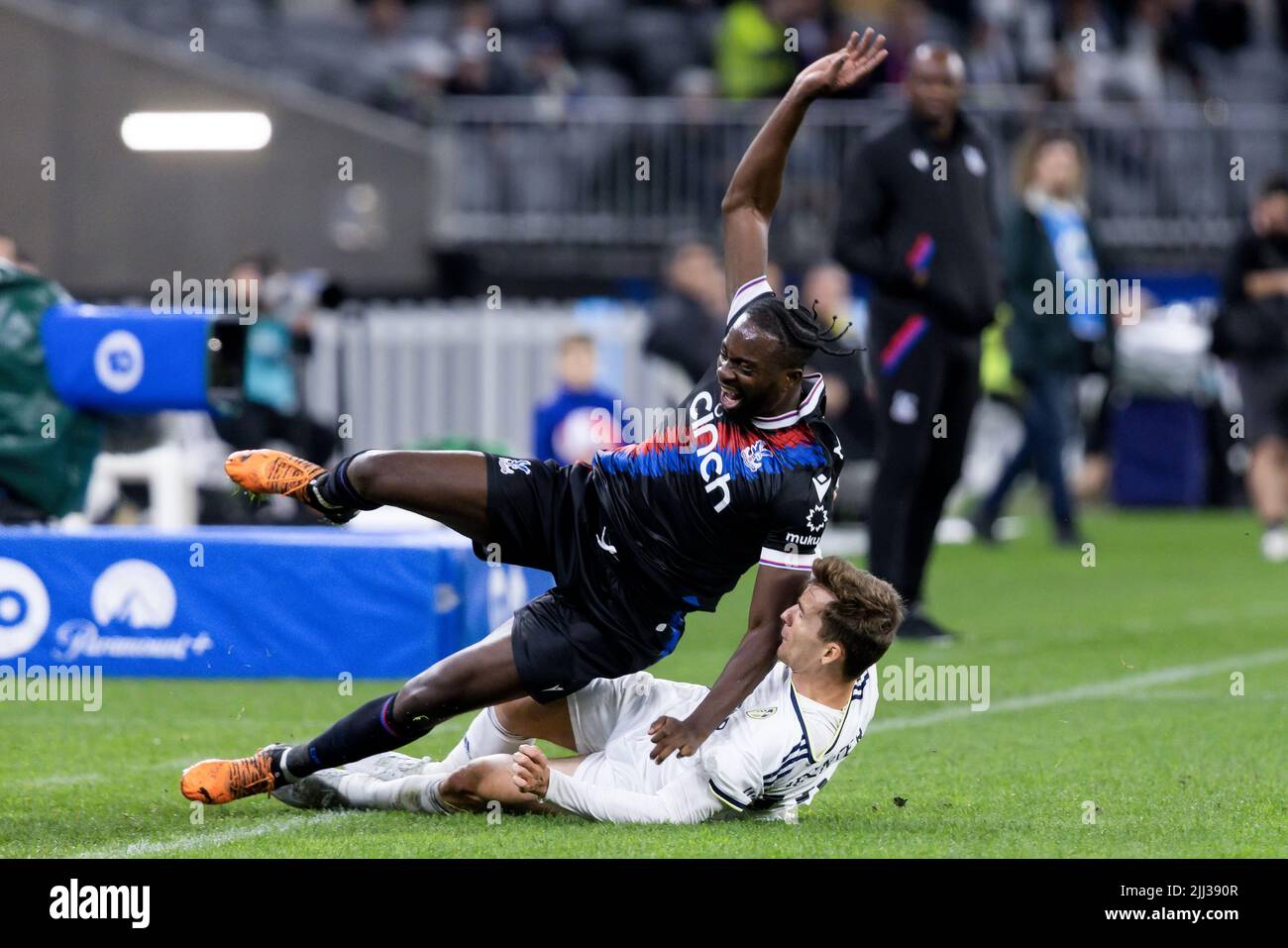 Perth, Australia, 22 July, 2022. Jean-Philippe Mateta of Crystal Palace is tackled by Diego Llorente of Leeds United during the ICON Festival of International Football match between Crystal Palace and Leeds United at Optus Stadium on July 22, 2022 in Perth, Australia. Credit: Graham Conaty/Speed Media/Alamy Live News Stock Photo