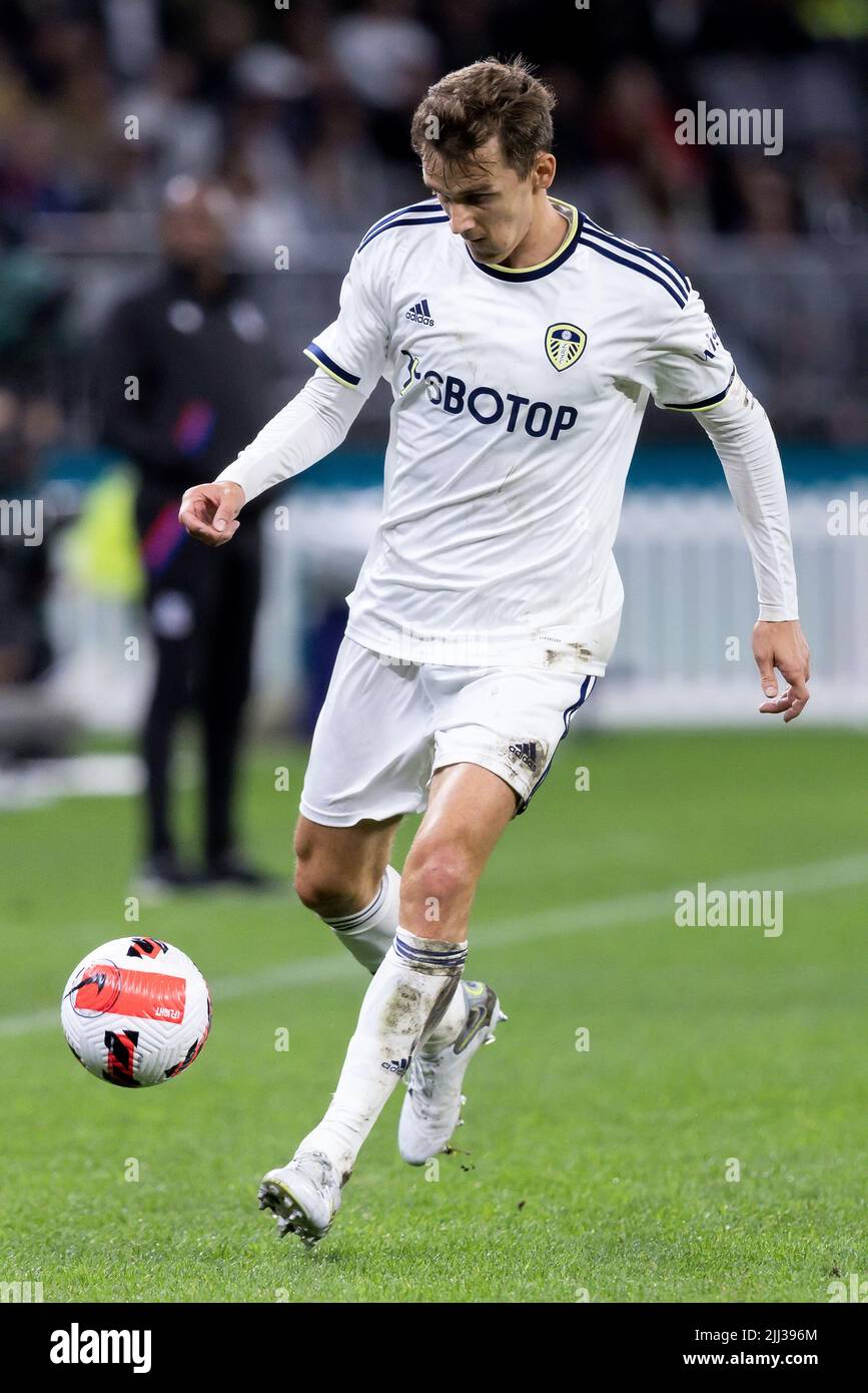 Perth, Australia, 22 July, 2022. Diego Llorente of Leeds United controls the ball during the ICON Festival of International Football match between Crystal Palace and Leeds United at Optus Stadium on July 22, 2022 in Perth, Australia. Credit: Graham Conaty/Speed Media/Alamy Live News Stock Photo