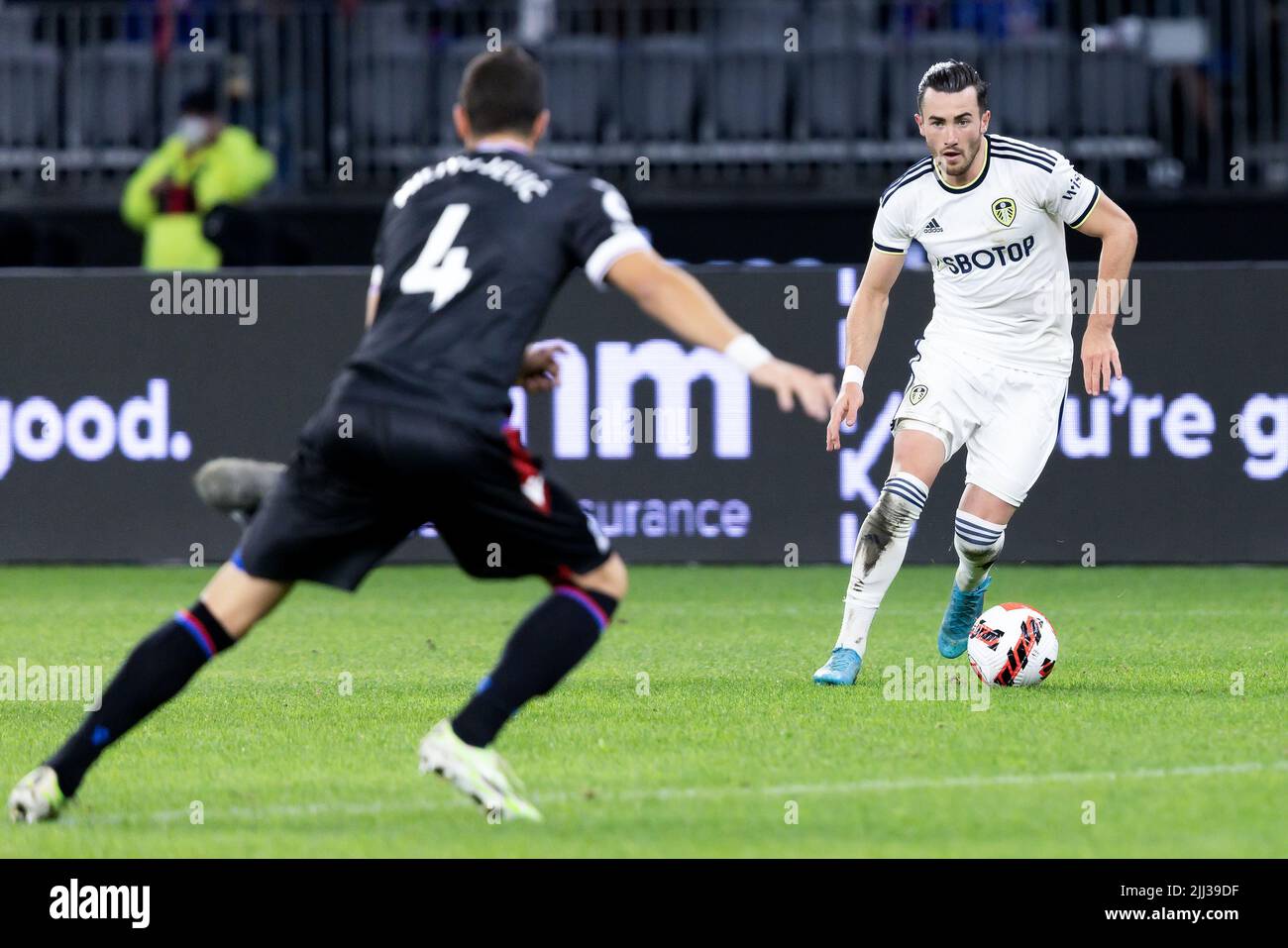 Perth, Australia, 22 July, 2022. Jack Harrison of Leeds United controls the ball during the ICON Festival of International Football match between Crystal Palace and Leeds United at Optus Stadium on July 22, 2022 in Perth, Australia. Credit: Graham Conaty/Speed Media/Alamy Live News Stock Photo