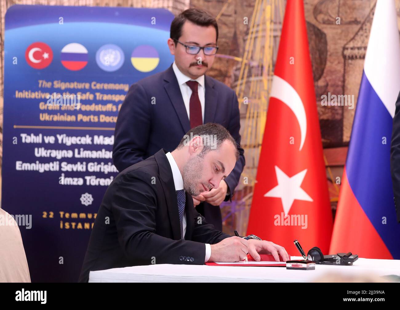 Istanbul, Turkey. 22nd July, 2022. Minister of Infrastructure of Ukraine Oleksandr Kubrakov attends a signature ceremony of an initiative on the safe transportation of grain and foodstuffs from Ukrainian ports, in Istanbul, on Friday on July 22, 2022. As a first major agreement between the warring parties since the invasion, Ukraine and Russia agreed to a deal brokered by the UN and Turkey. Photo by Gokhan Mert/ Credit: UPI/Alamy Live News Stock Photo