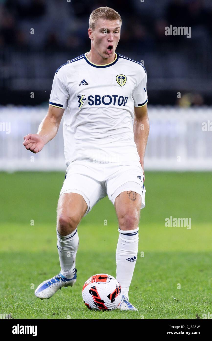 Perth, Australia, 22 July, 2022. Rasmus Kristensen of Leeds United kicks the ball during the ICON Festival of International Football match between Crystal Palace and Leeds United at Optus Stadium on July 22, 2022 in Perth, Australia. Credit: Graham Conaty/Speed Media/Alamy Live News Stock Photo