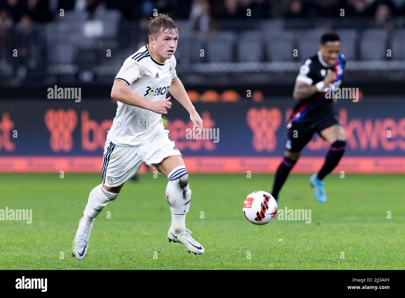 Perth, Australia, 22 July, 2022. Joe Gelhardt of Leeds United runs with the ball during the ICON Festival of International Football match between Crystal Palace and Leeds United at Optus Stadium on July 22, 2022 in Perth, Australia. Credit: Graham Conaty/Speed Media/Alamy Live News Stock Photo