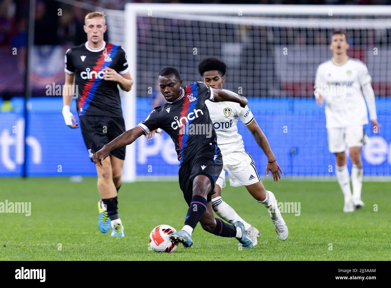 Perth, Australia, 22 July, 2022. Tyrick Mitchell of Crystal Palace controls the ball during the ICON Festival of International Football match between Crystal Palace and Leeds United at Optus Stadium on July 22, 2022 in Perth, Australia. Credit: Graham Conaty/Speed Media/Alamy Live News Stock Photo